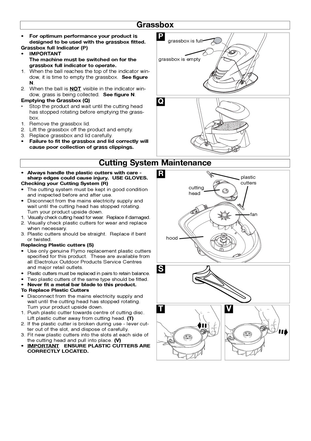 Flymo Trmmer manual Cutting System Maintenance, Grassbox full Indicator P Machine must be switched on for 