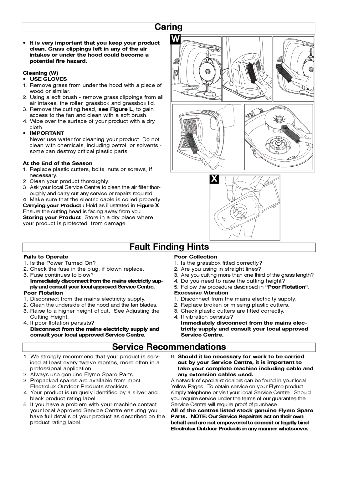 Flymo Trmmer manual Caring, Fault Finding Hints, Service Recommendations, USE Gloves 