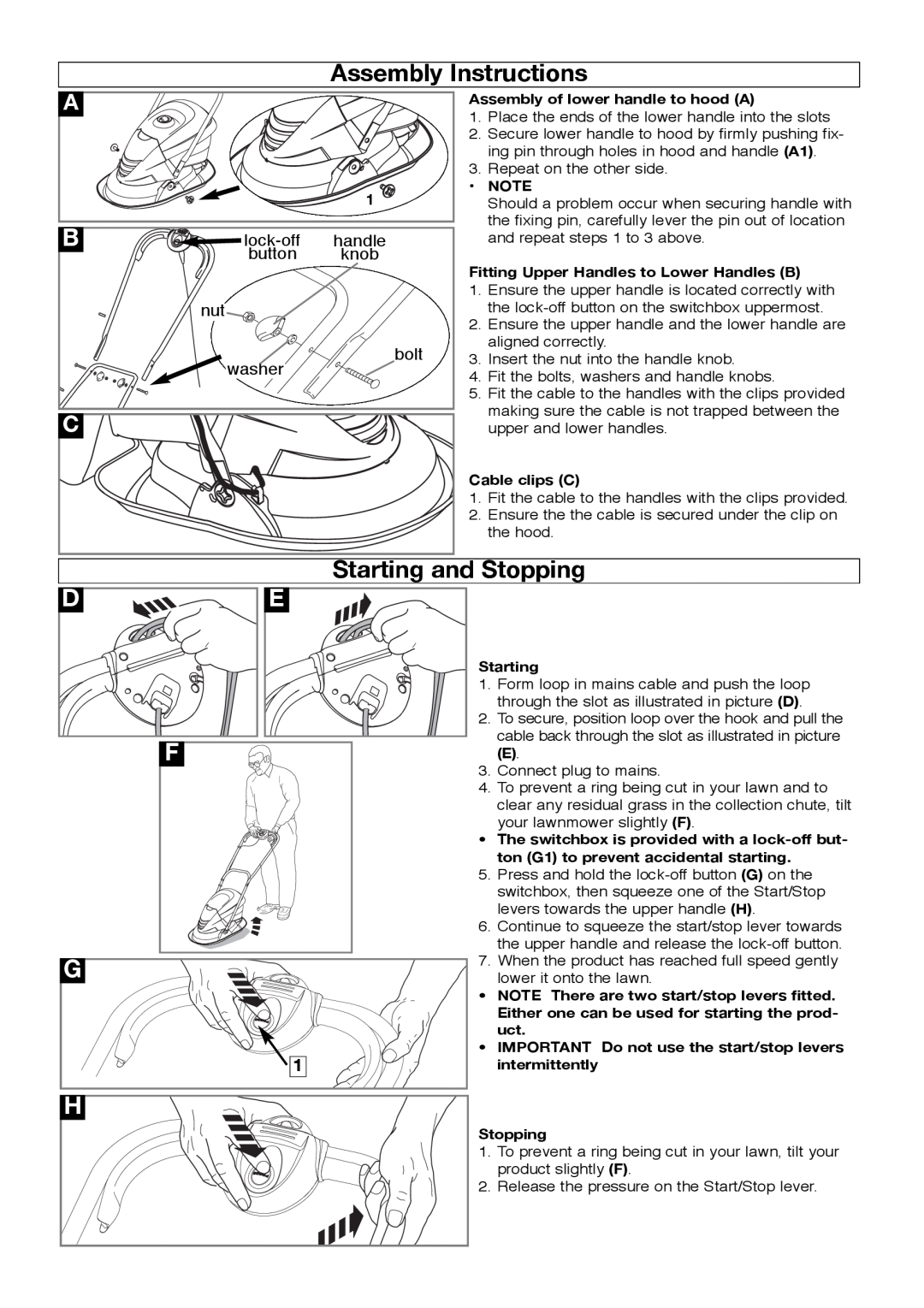 Flymo Trmmer Assembly Instructions, Starting and Stopping, Assembly of lower handle to hood A, Cable clips C, lock-off 