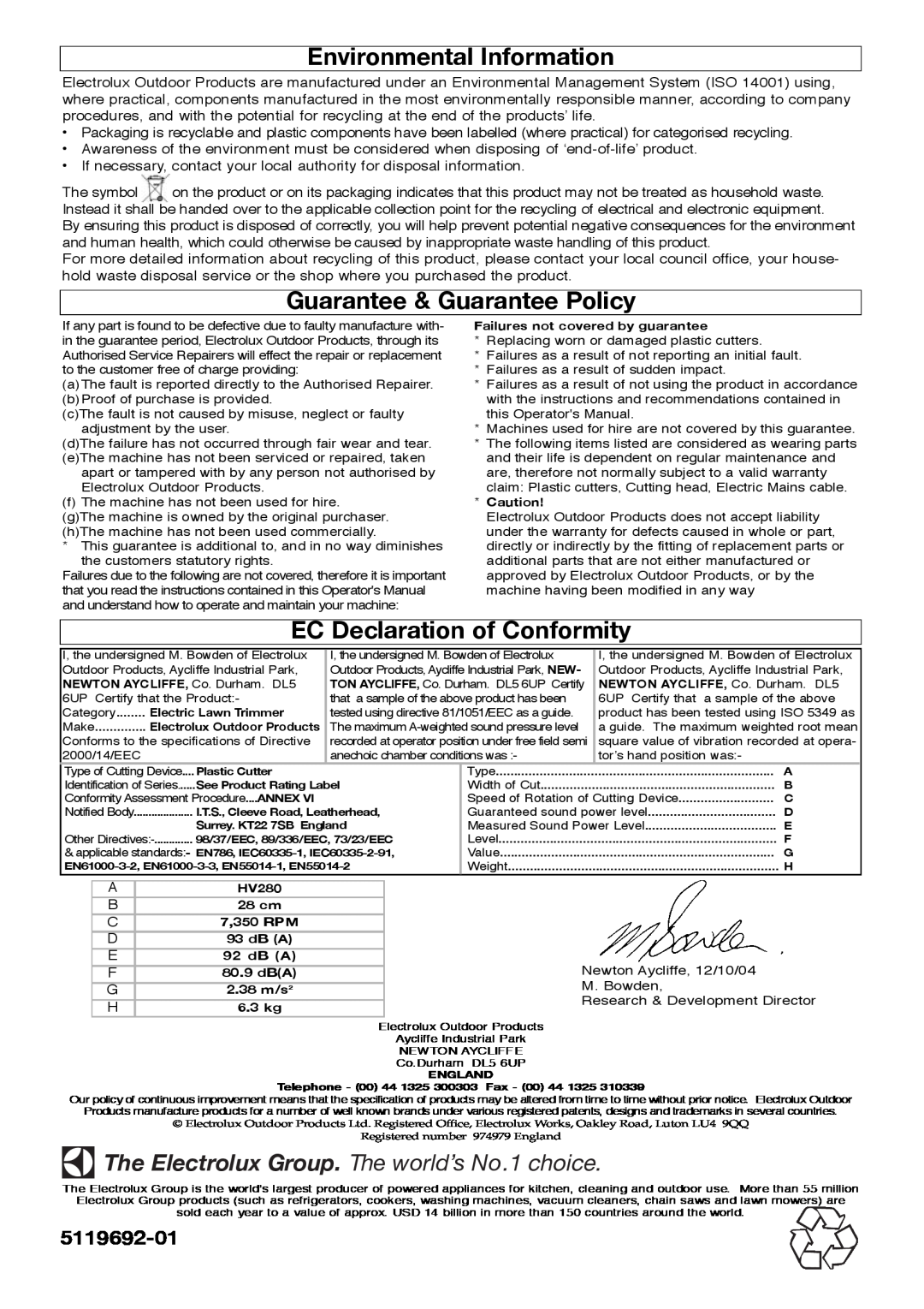 Flymo Trmmer manual Environmental Information, Guarantee & Guarantee Policy, EC Declaration of Conformity, 5119692-01 