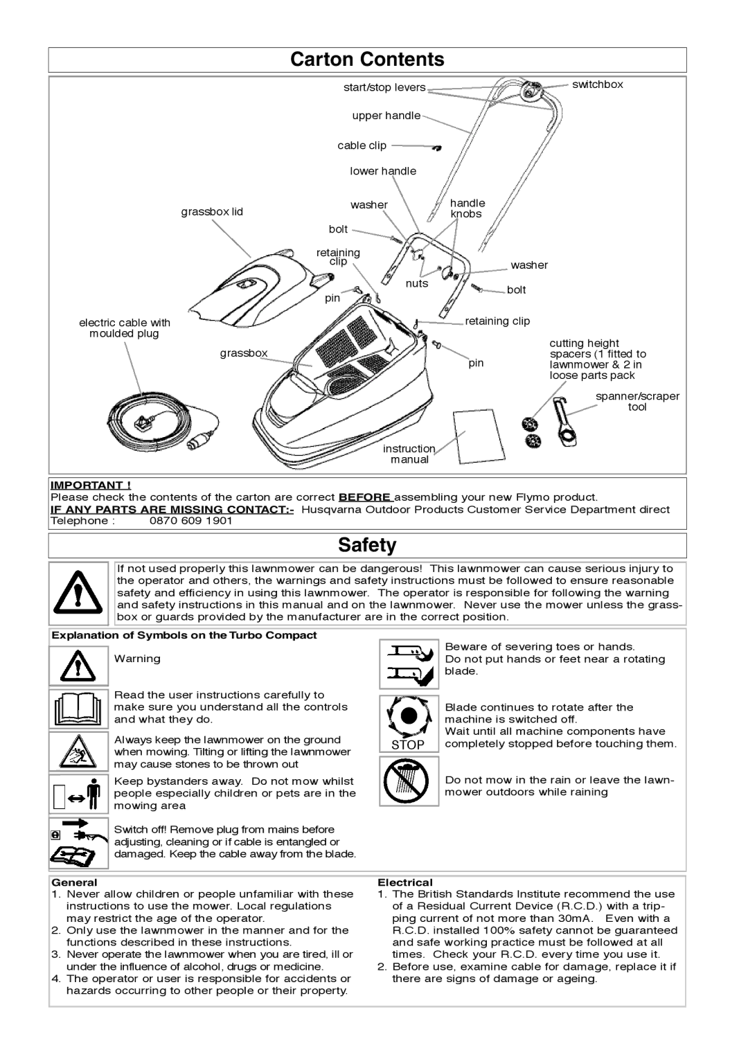 Flymo Turbo Compact manual Carton Contents, Safety 