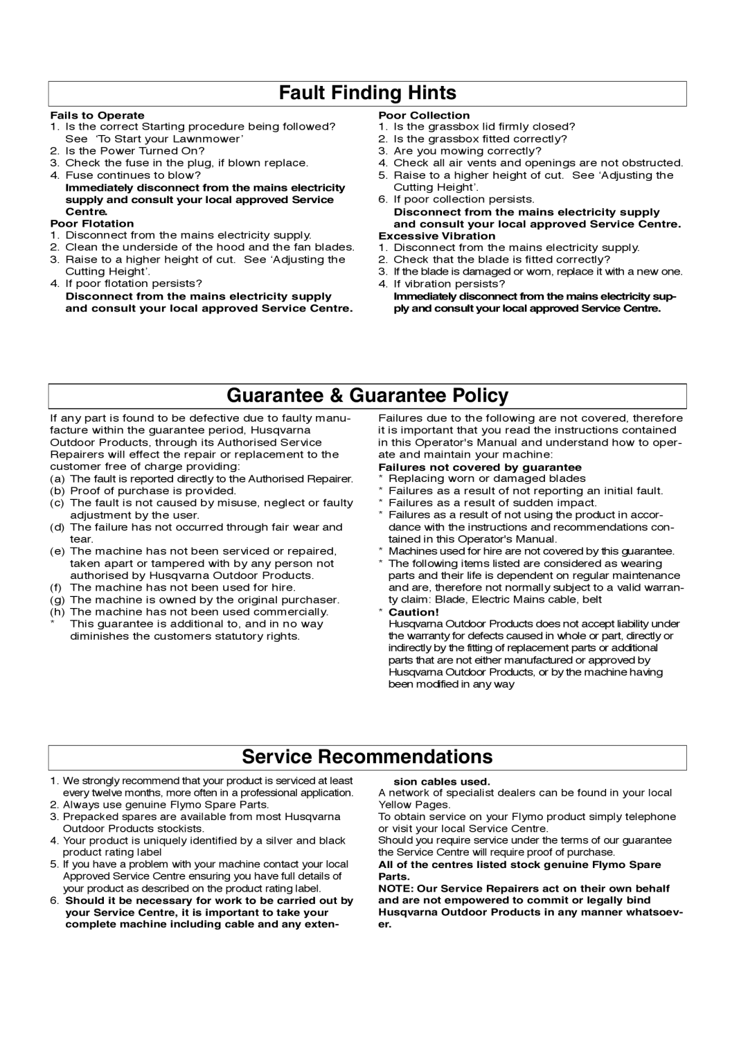 Flymo Turbo Compact manual Fault Finding Hints, Guarantee & Guarantee Policy, Service Recommendations 