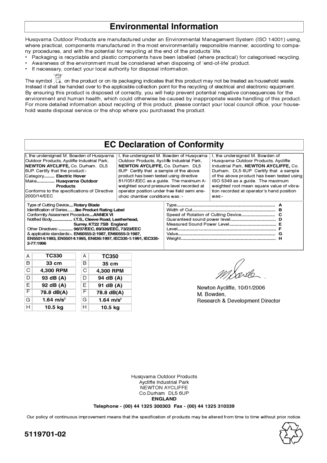 Flymo Turbo Compact manual Environmental Information, EC Declaration of Conformity 