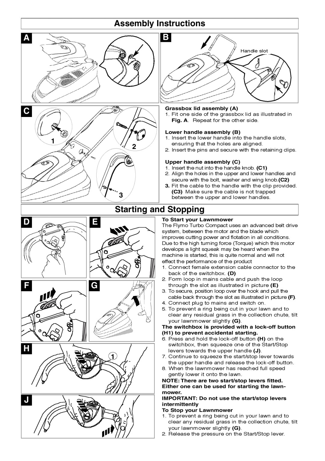 Flymo Turbo Compact manual Assembly Instructions, Starting and Stopping, 1 2 