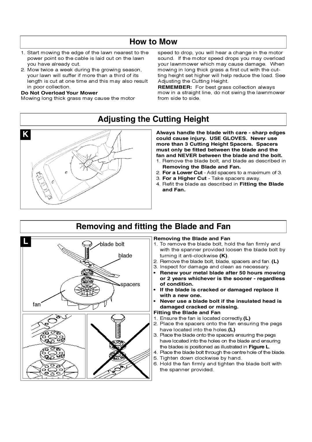 Flymo Turbo Compact manual How to Mow, Adjusting the Cutting Height, Removing and fitting the Blade and Fan, blade bolt 