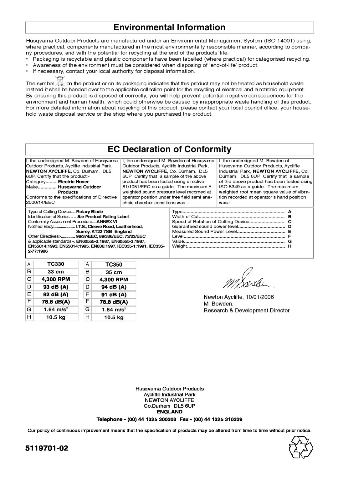 Flymo Turbo Compact manual Environmental Information, EC Declaration of Conformity, 5119701-02, TC350, M. Bowden 