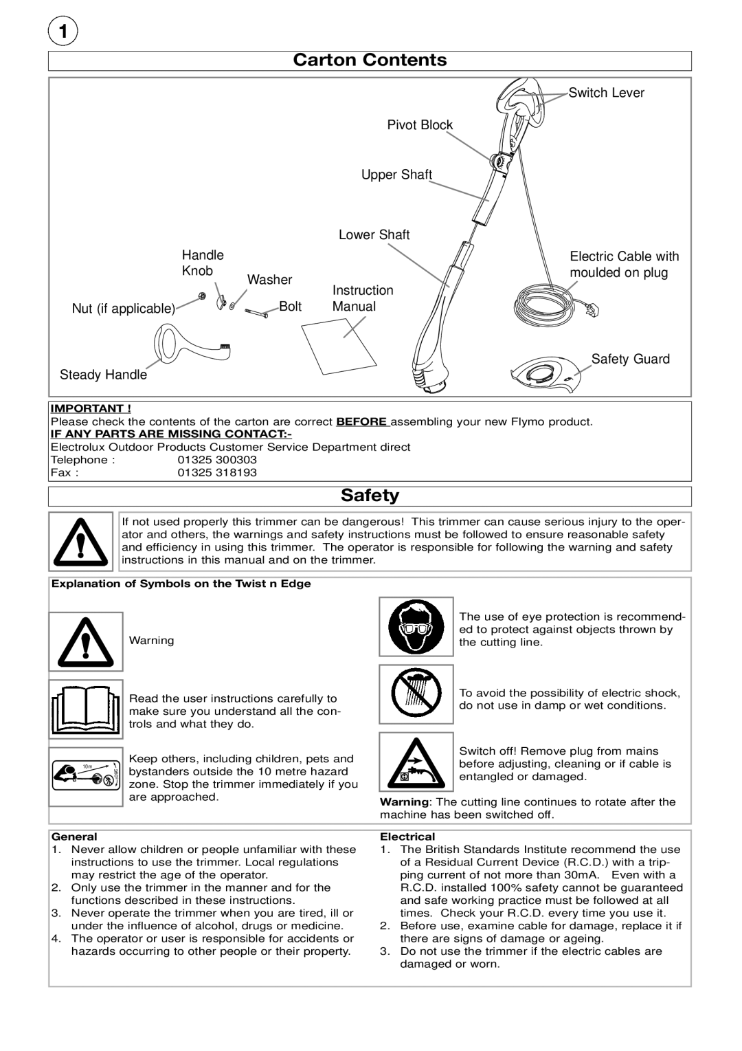 Flymo Twist n Edge Trimmer manual Carton Contents, Safety 