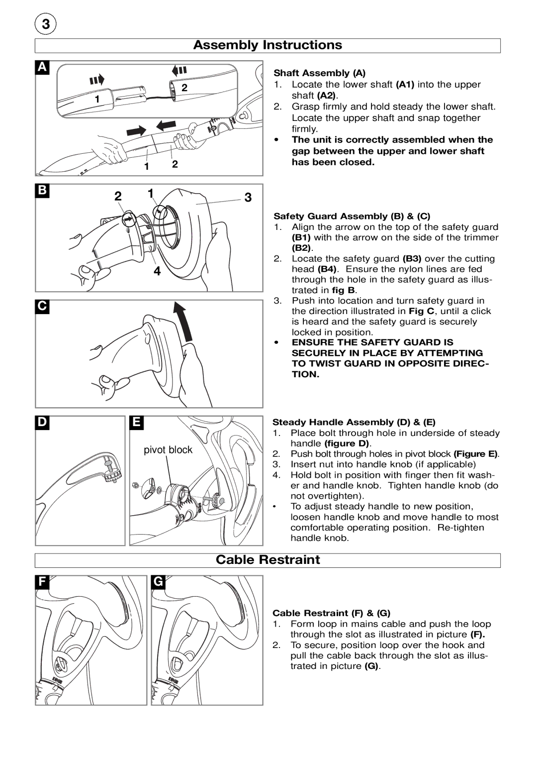 Flymo Twist n Edge Trimmer manual Assembly Instructions, Cable Restraint, Pivot block 