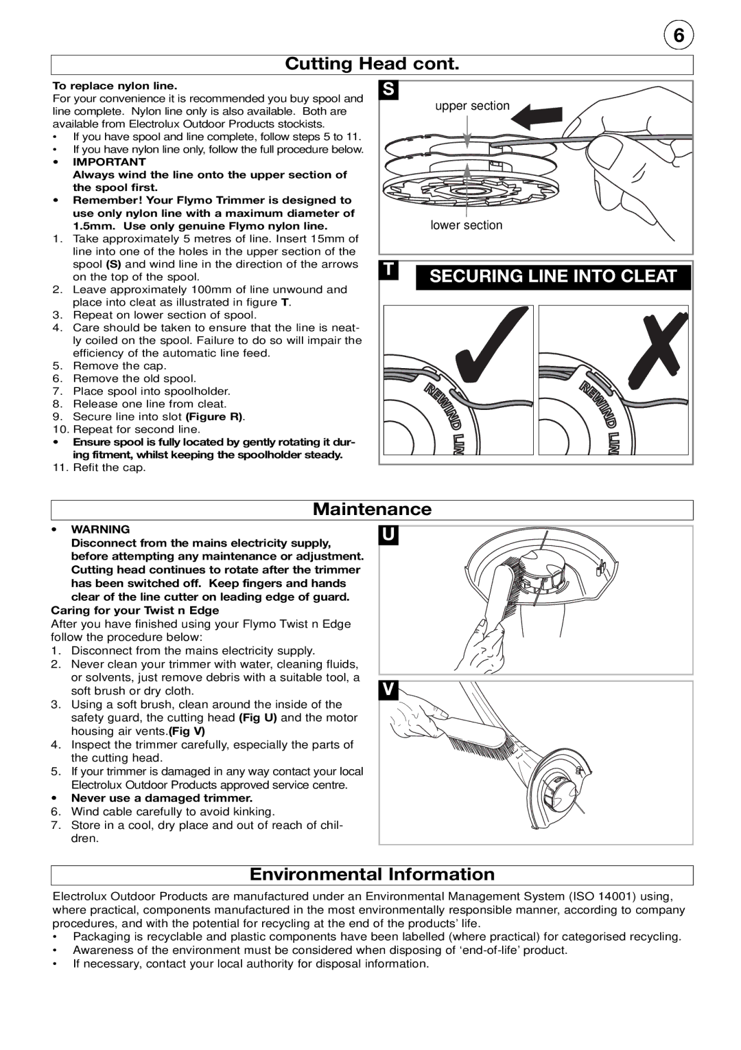 Flymo Twist n Edge Trimmer Maintenance, Environmental Information, To replace nylon line, Never use a damaged trimmer 