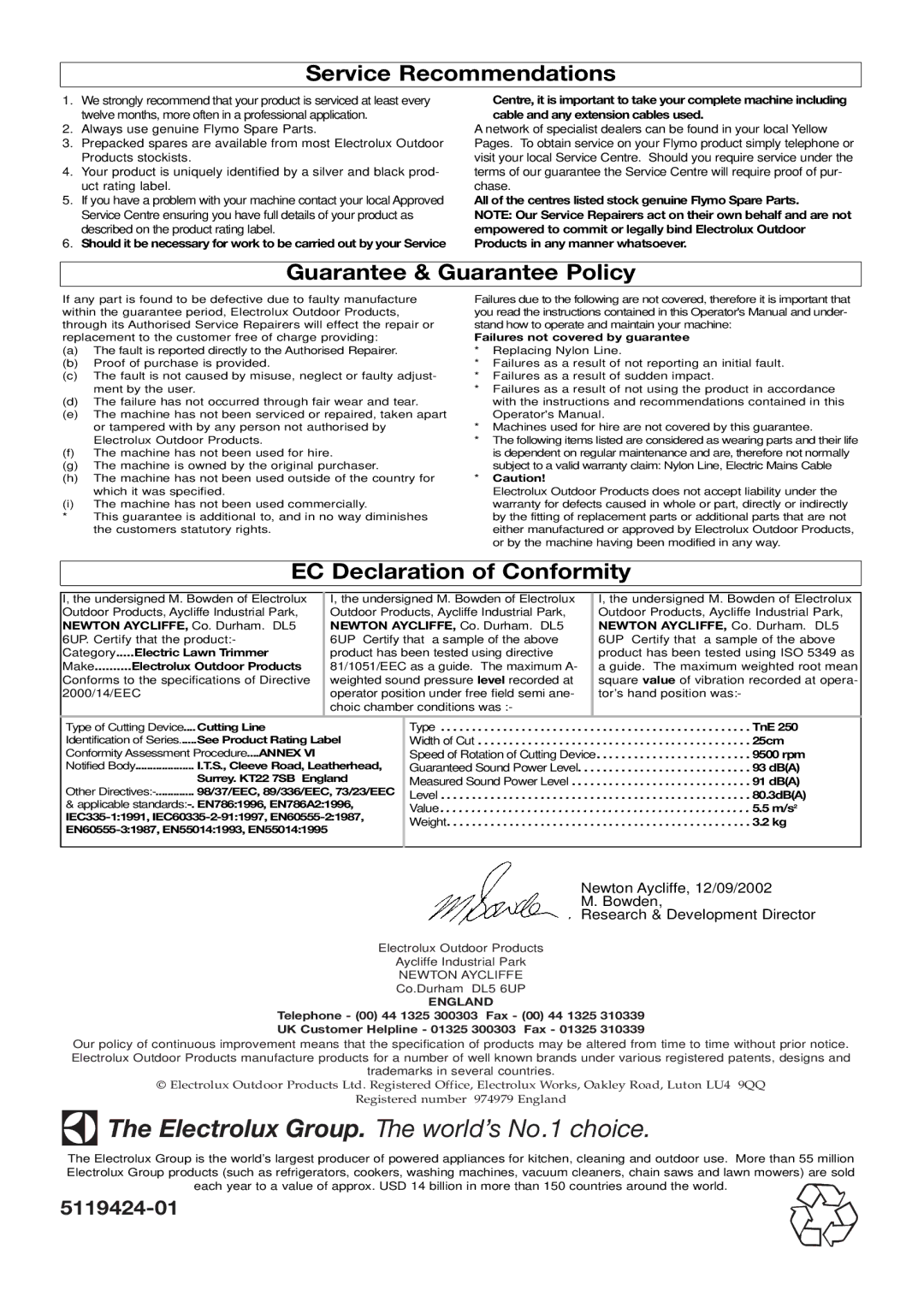 Flymo Twist n Edge Trimmer manual Service Recommendations, Guarantee & Guarantee Policy, EC Declaration of Conformity 