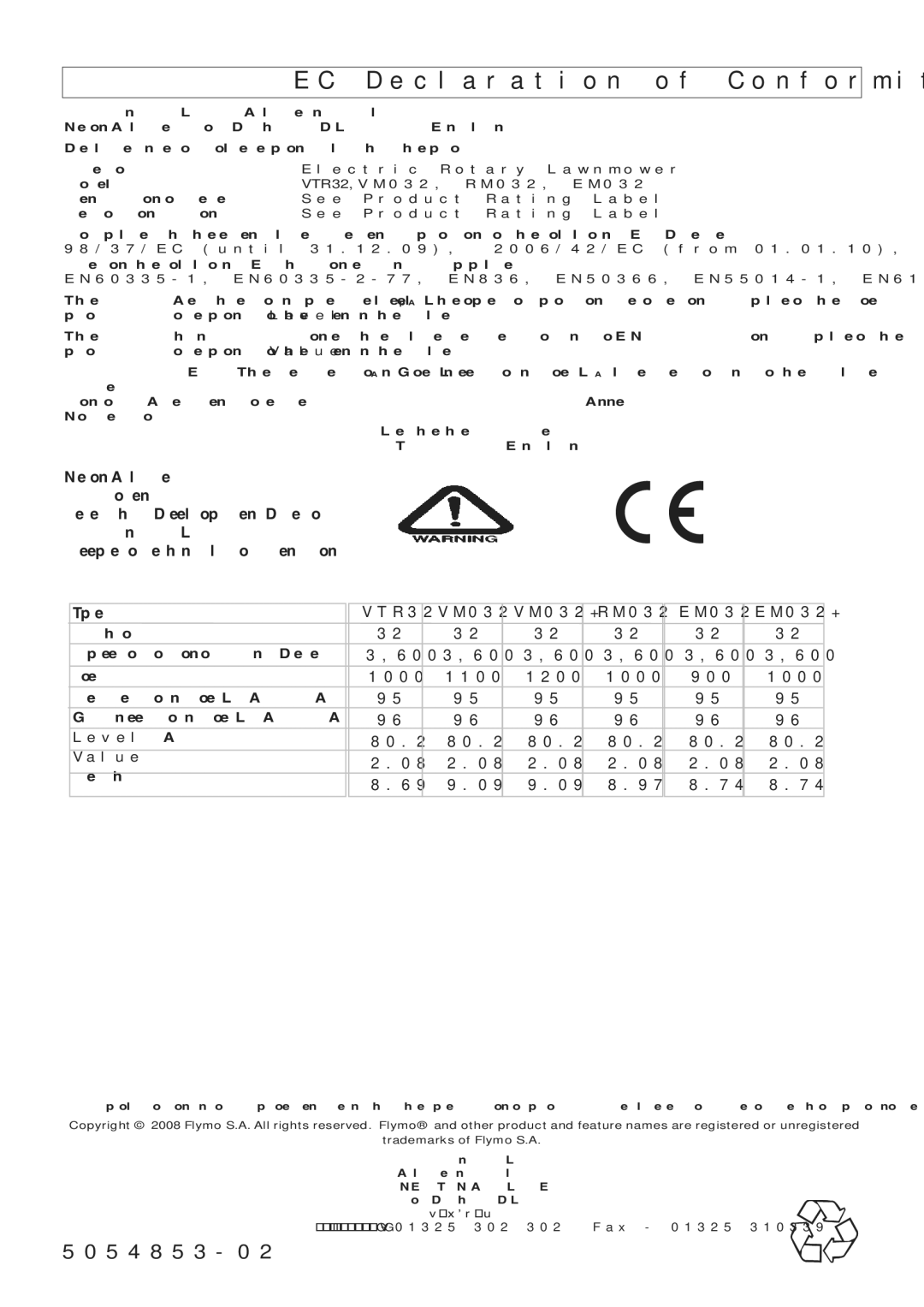 Flymo RM032, VM032, VTR32 EC Declaration of Conformity, Width of Cut cm Speed of Rotation of Cutting Device RPM, Power W 