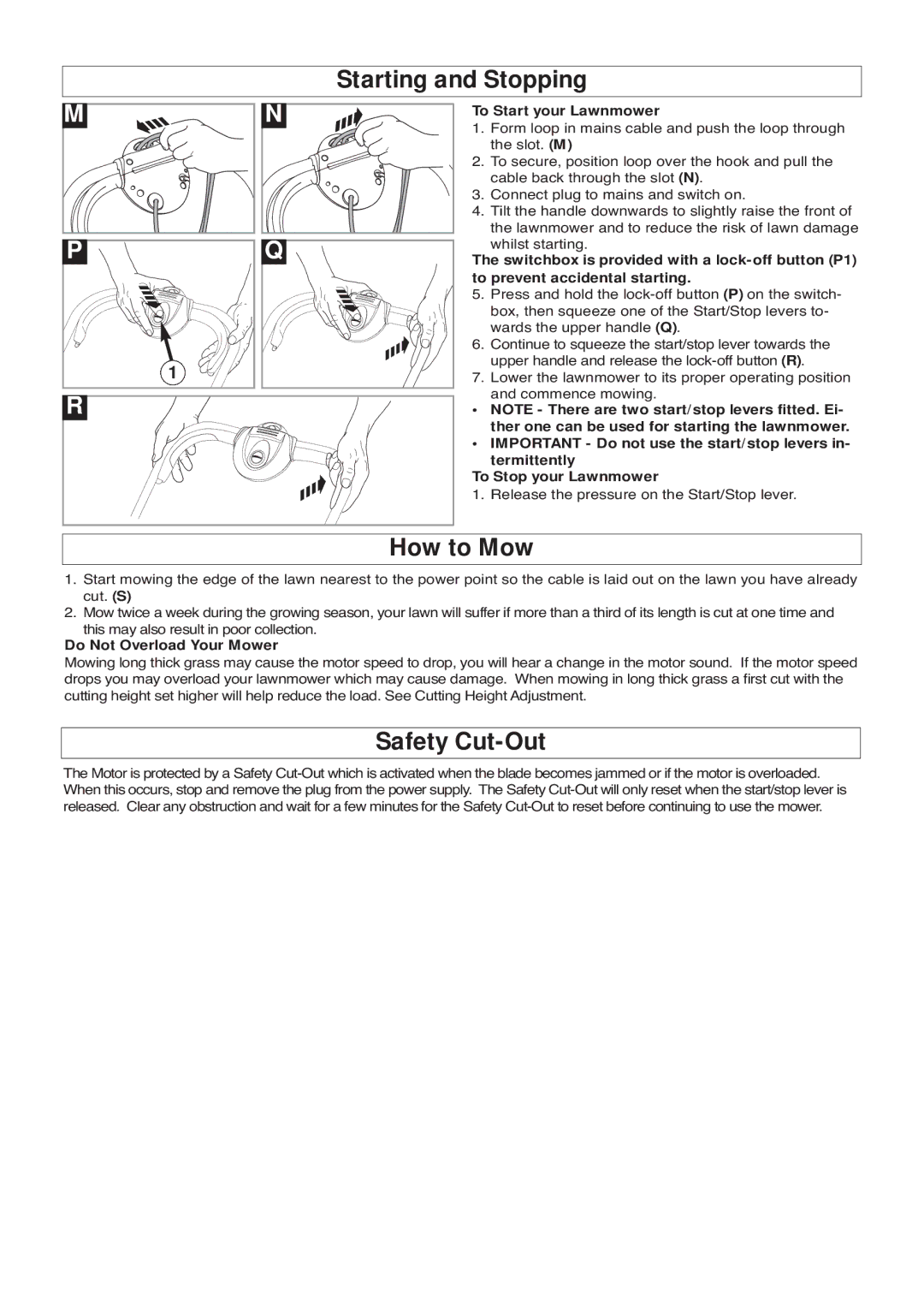 Flymo RM032, VM032 Starting and Stopping, How to Mow, Safety Cut-Out, To Start your Lawnmower, Do Not Overload Your Mower 