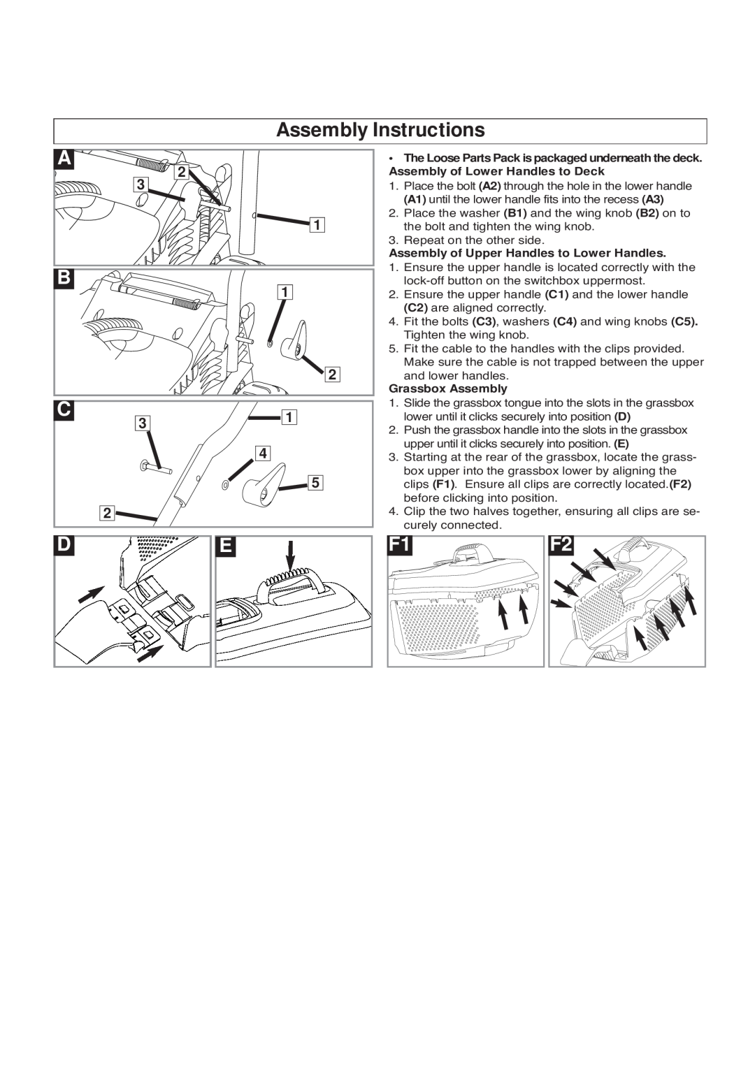 Flymo VM032, VTR32, RM032, EM032 manual Assembly Instructions, Assembly of Upper Handles to Lower Handles, Grassbox Assembly 