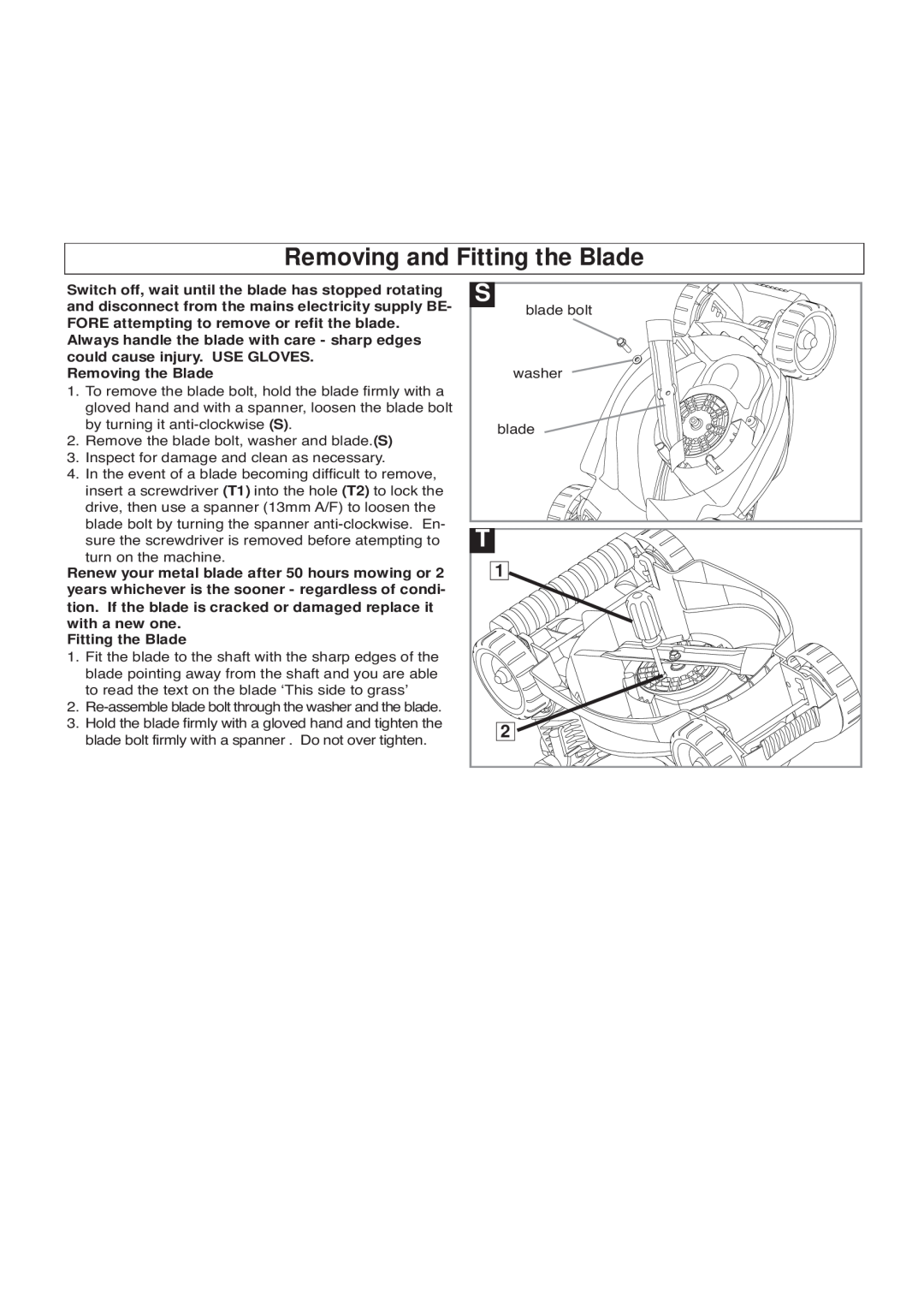 Flymo EM032, VM032, VTR32, RM032 manual Removing and Fitting the Blade, Removing the Blade 