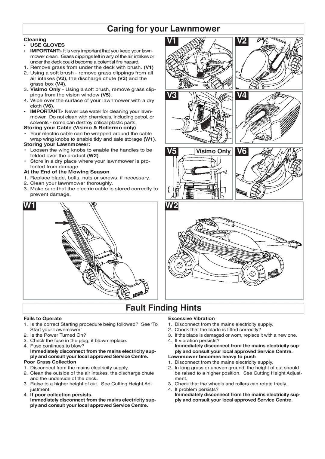 Flymo VM032 Caring for your Lawnmower, Fault Finding Hints, Visimo Only, Cleaning, Use Gloves, Storing your Lawnmower 
