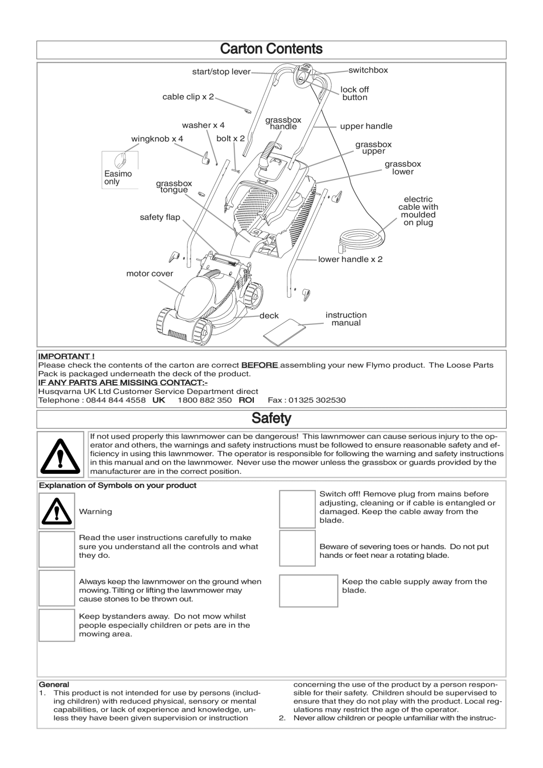 Flymo RM032, VM032, VTR32 manual Carton Contents, Safety 