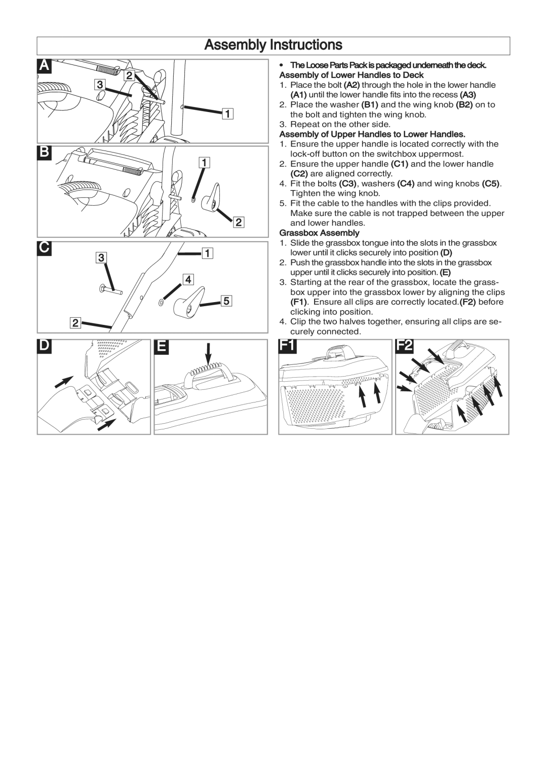 Flymo VTR32 Assembly Instructions, Loose Parts Pack is packaged underneath the deck, Assembly of Lower Handles to Deck 