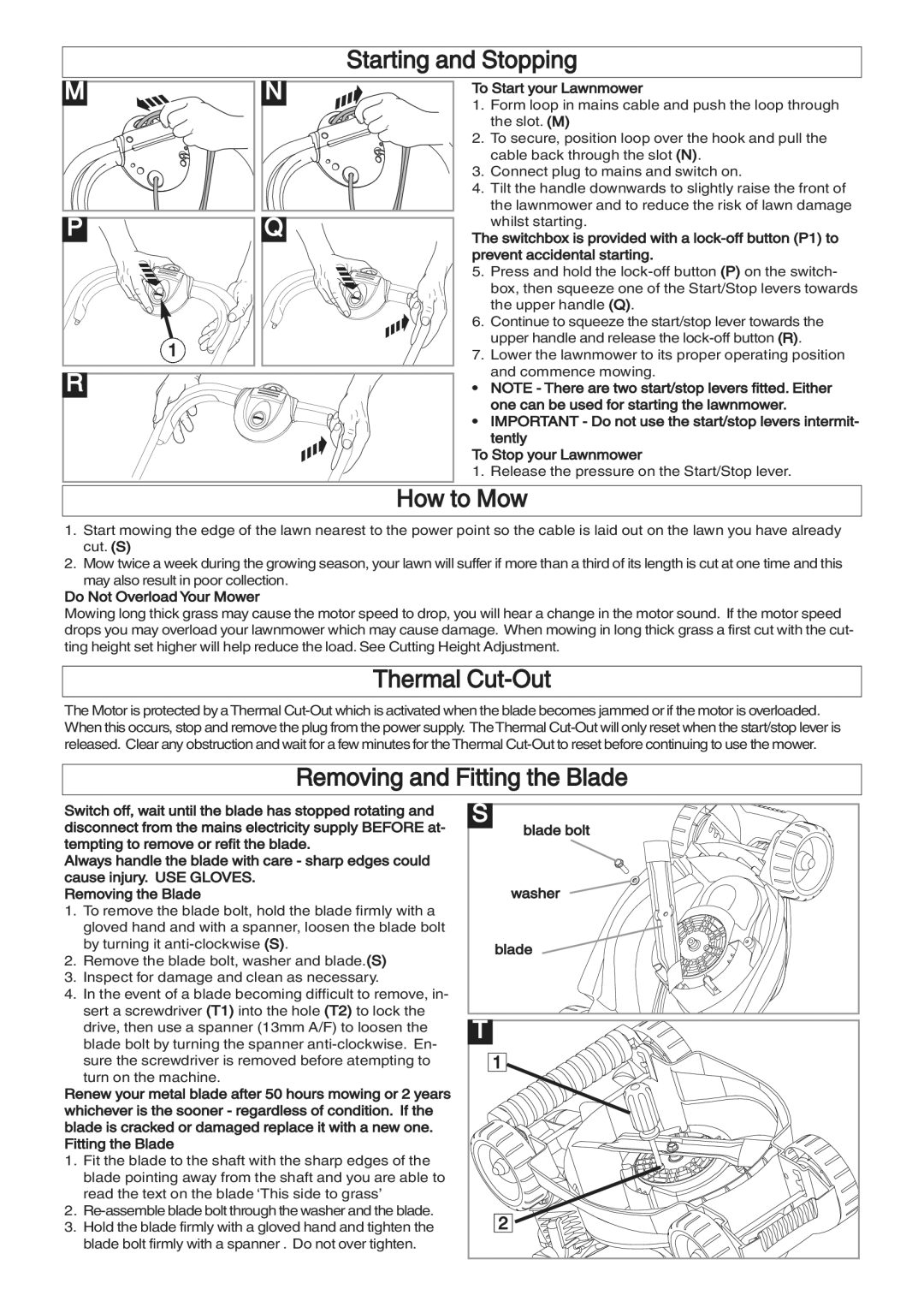 Flymo VM032, VTR32, RM032 manual Starting and Stopping, How to Mow, Thermal Cut-Out, Removing and Fitting the Blade 