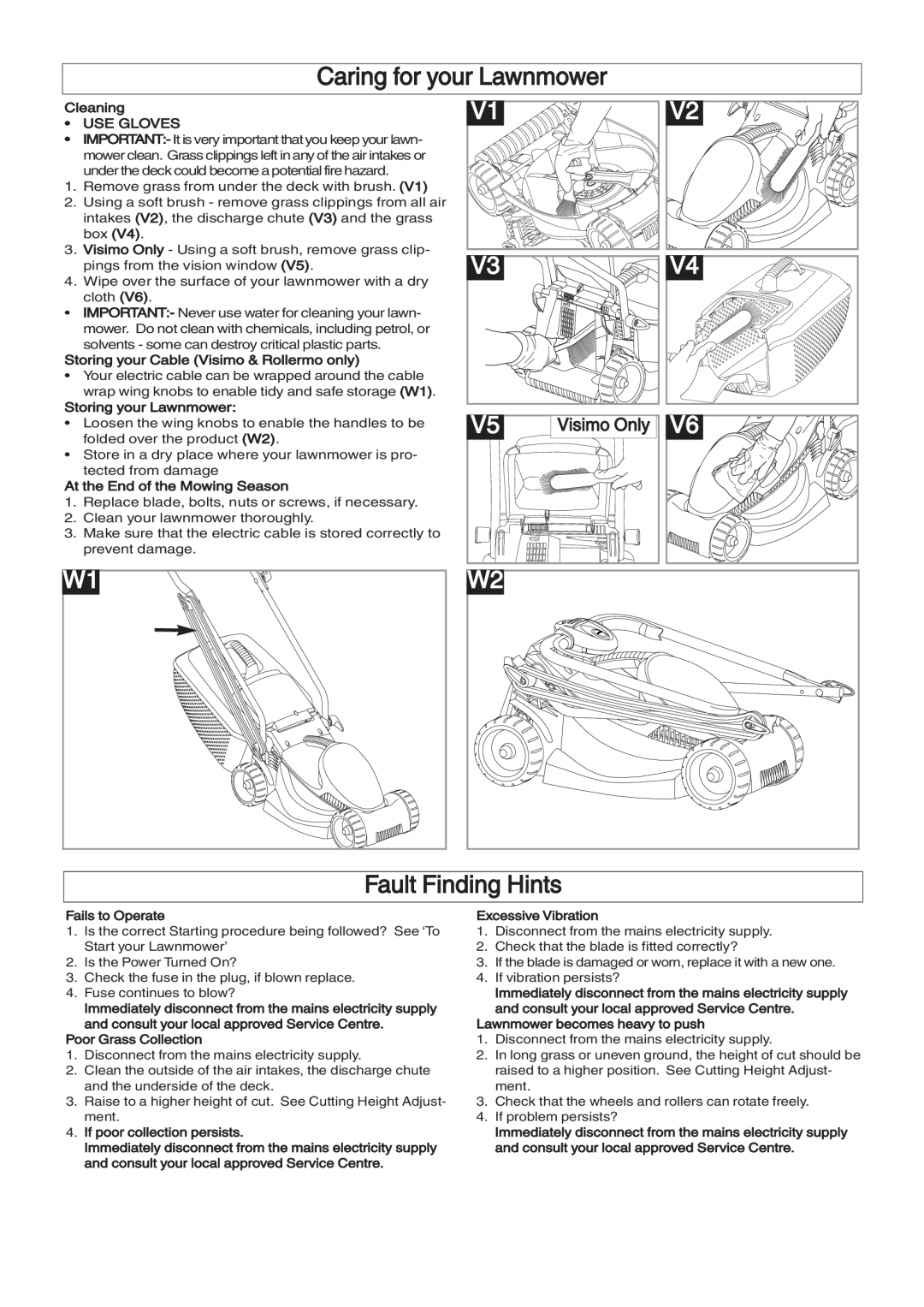 Flymo VTR32, VM032, RM032 manual Caring for your Lawnmower, Fault Finding Hints 