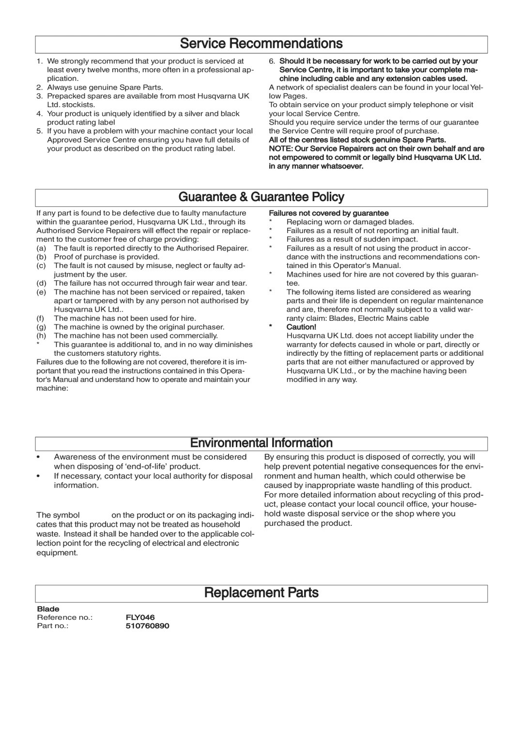 Flymo RM032, VM032, VTR32 Service Recommendations, Replacement Parts, All of the centres listed stock genuine Spare Parts 