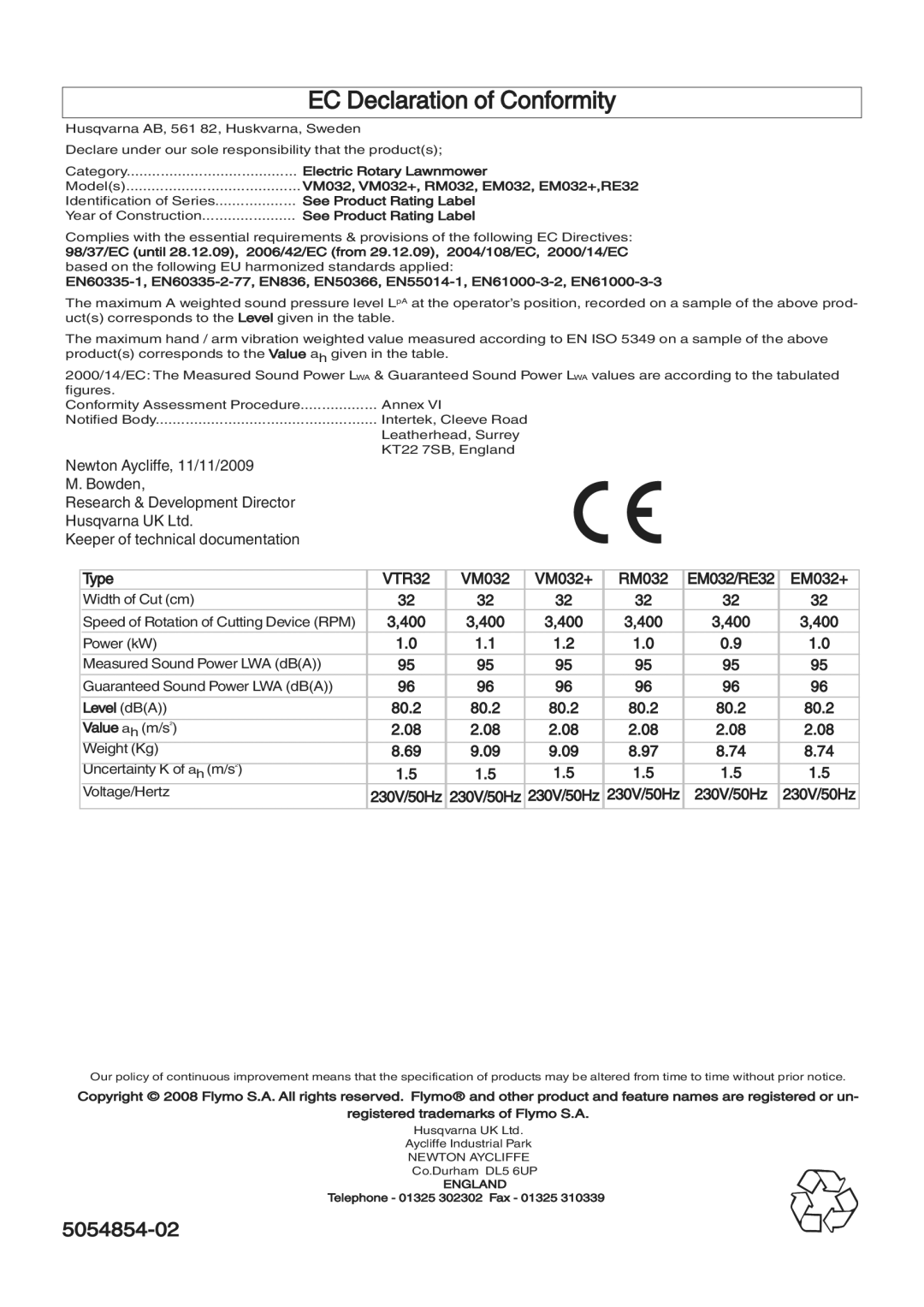 Flymo VM032, VTR32, RM032 manual EC Declaration of Conformity, Width of Cut cm Speed of Rotation of Cutting Device RPM 