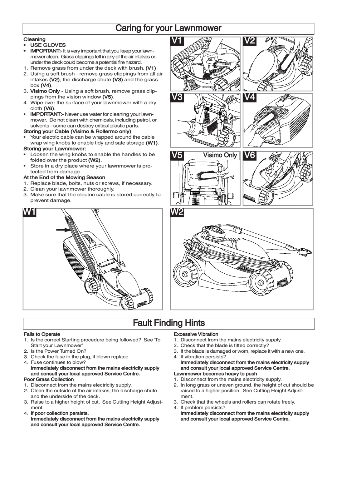 Flymo VTR32, VM032, RM032 manual Caring for your Lawnmower, Fault Finding Hints, Visimo Only 