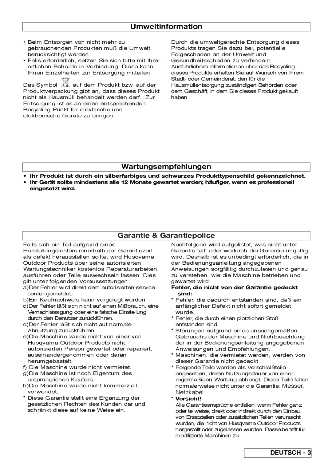 Flymo VM032 manual Fehler, die nicht von der Garantie gedeckt sind, Vorsicht 