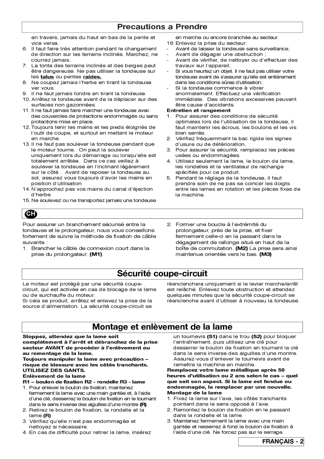 Flymo VM032 manual Sécurité coupe-circuit, Montage et enlèvement de la lame, Entretien et rangement 