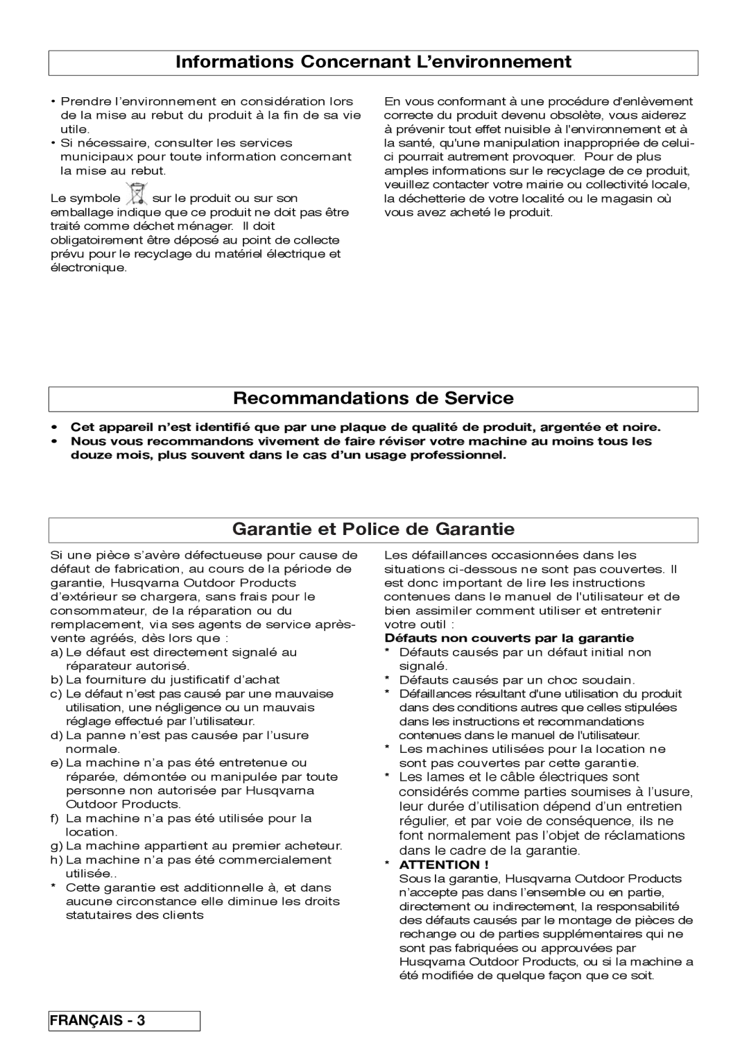 Flymo VM032 manual Informations Concernant L’environnement, Recommandations de Service, Garantie et Police de Garantie 