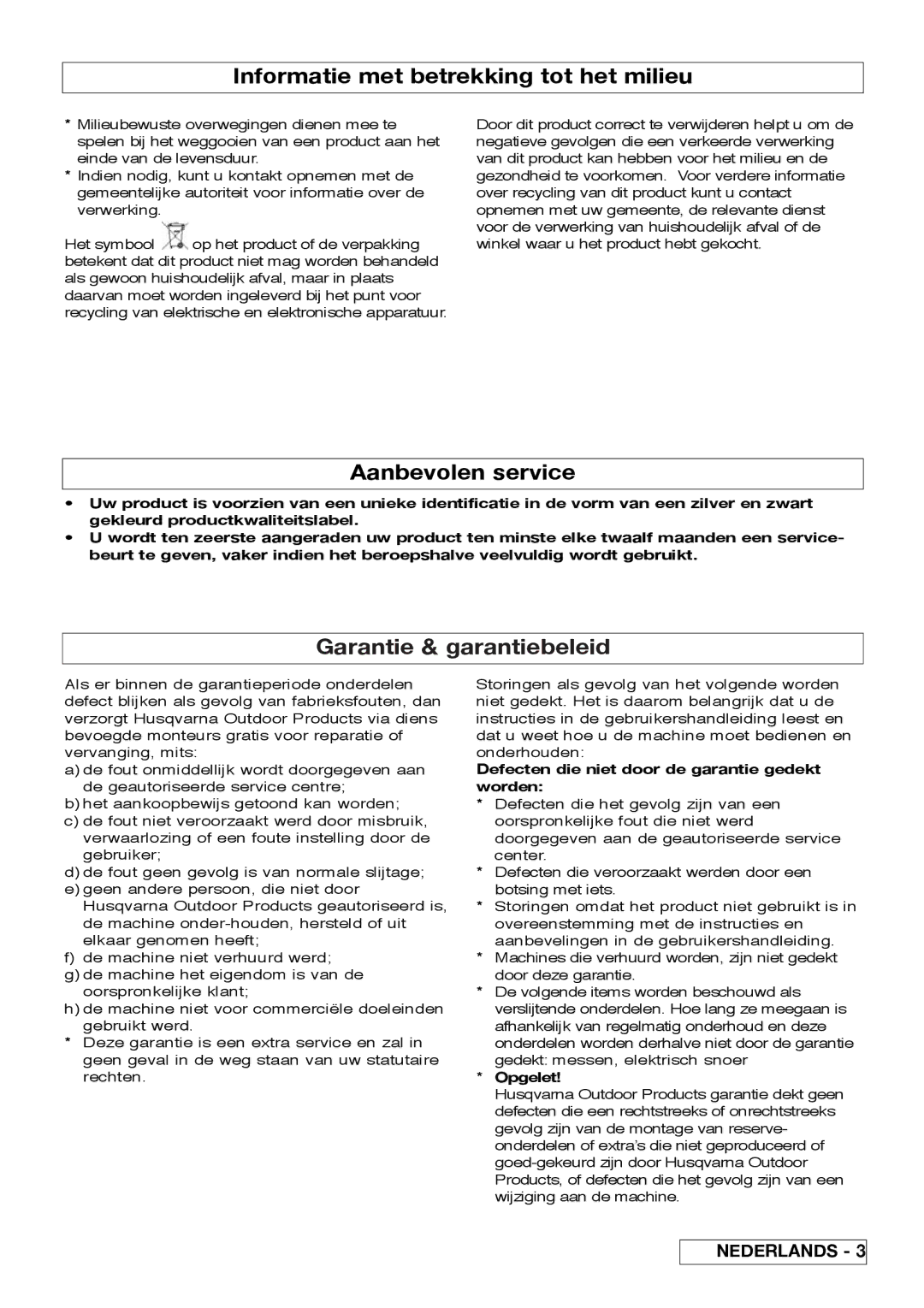 Flymo VM032 manual Informatie met betrekking tot het milieu, Aanbevolen service, Garantie & garantiebeleid, Opgelet 