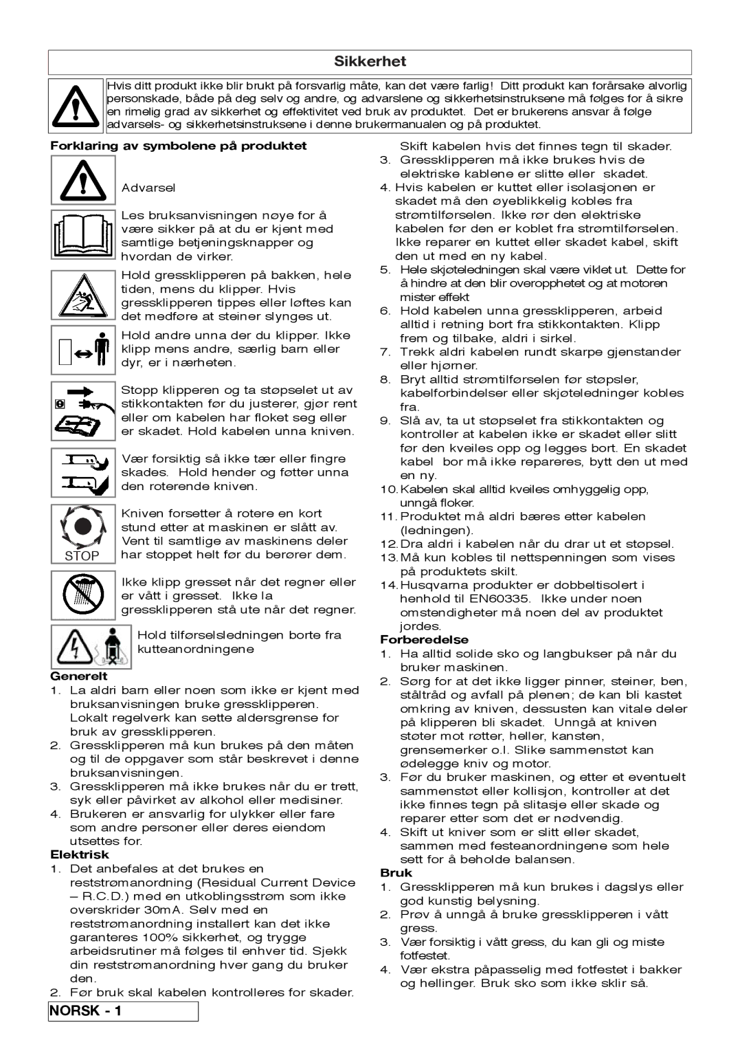 Flymo VM032 manual Forklaring av symbolene på produktet, Generelt, Elektrisk, Forberedelse, Bruk 