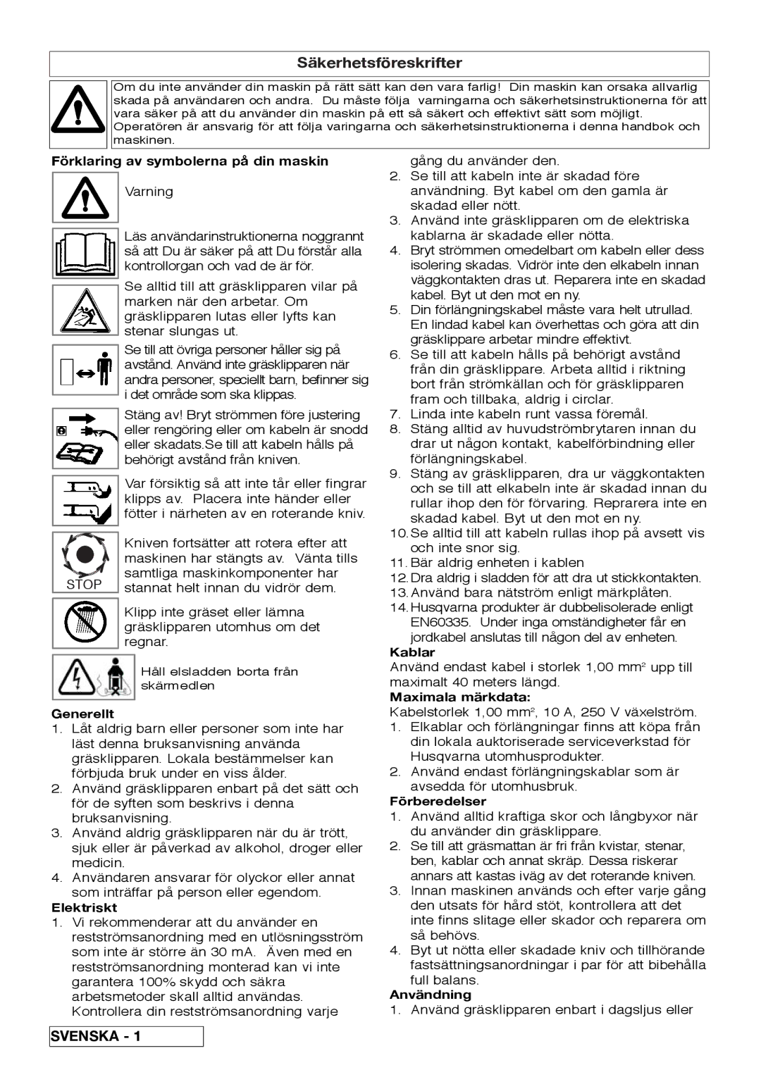 Flymo VM032 manual Generellt, Elektriskt, Kablar, Maximala märkdata, Förberedelser, Användning 