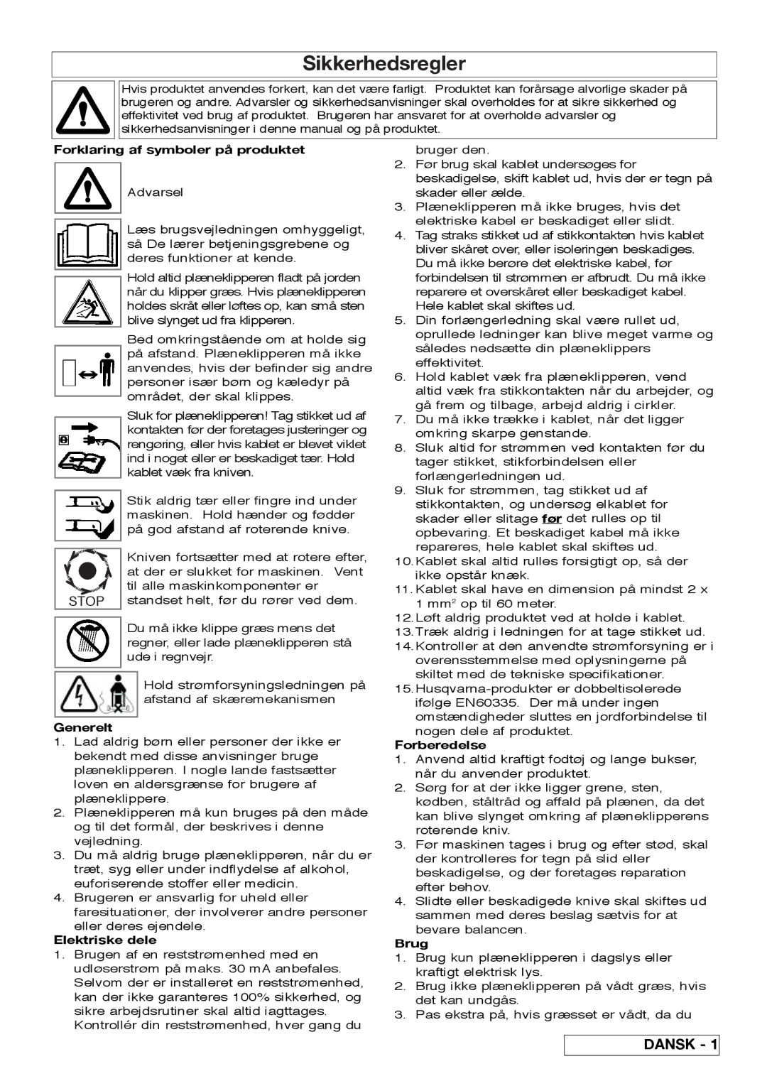 Flymo VM032 manual Sikkerhedsregler, Forklaring af symboler på produktet, Elektriske dele, Brug 