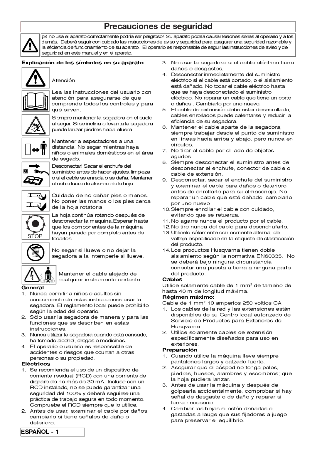 Flymo VM032 Precauciones de seguridad, Explicación de los símbolos en su aparato, Eléctricos, Régimen máximo, Preparación 