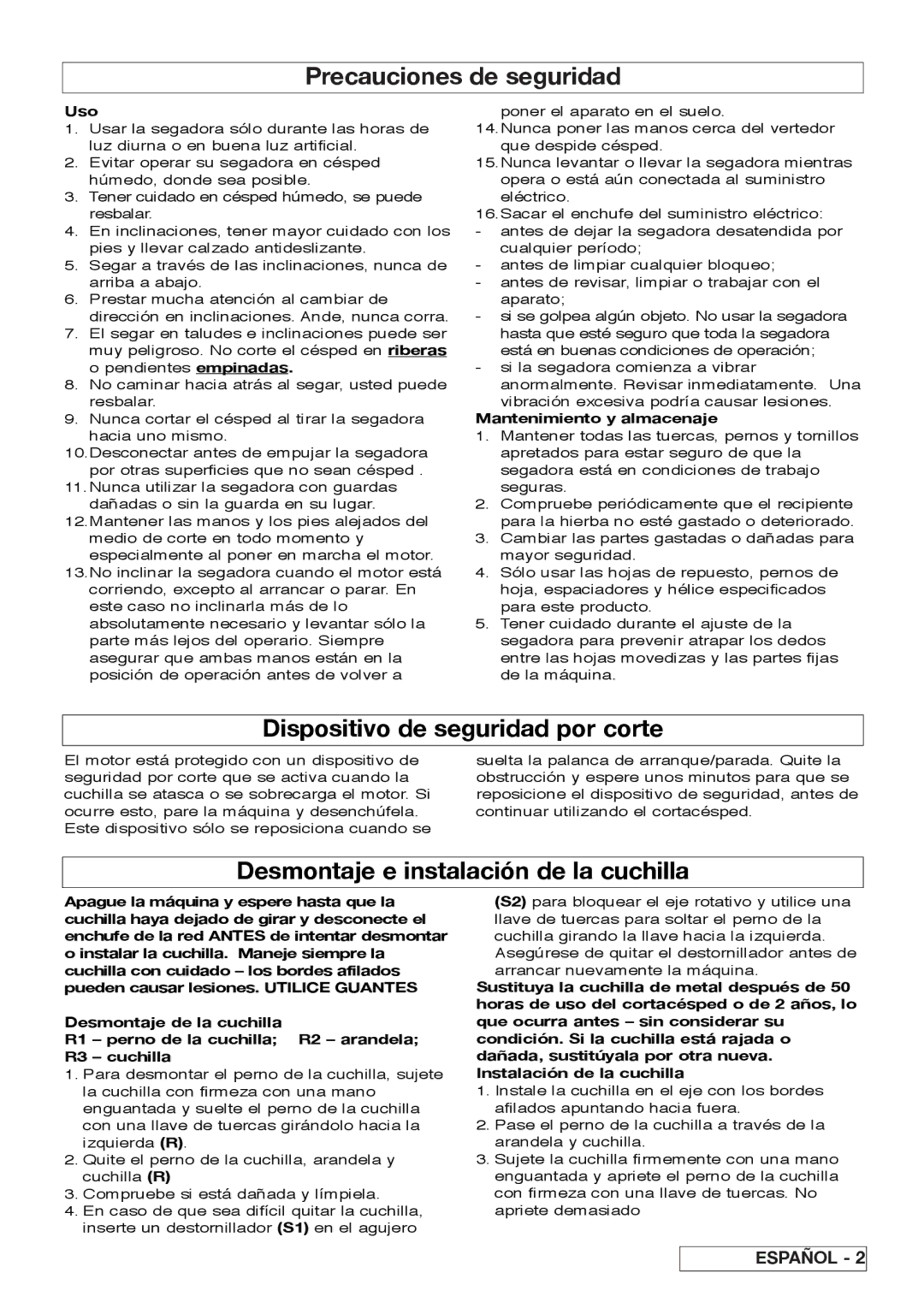 Flymo VM032 Dispositivo de seguridad por corte, Desmontaje e instalación de la cuchilla, Uso, Mantenimiento y almacenaje 