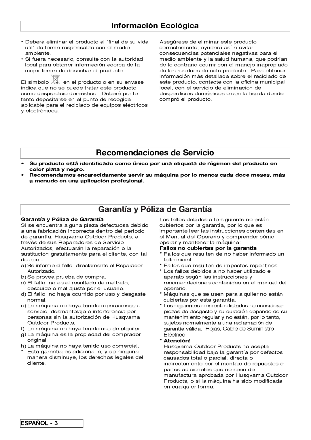 Flymo VM032 manual Recomendaciones de Servicio, Garantía y Póliza de Garantía, Información Ecológica 