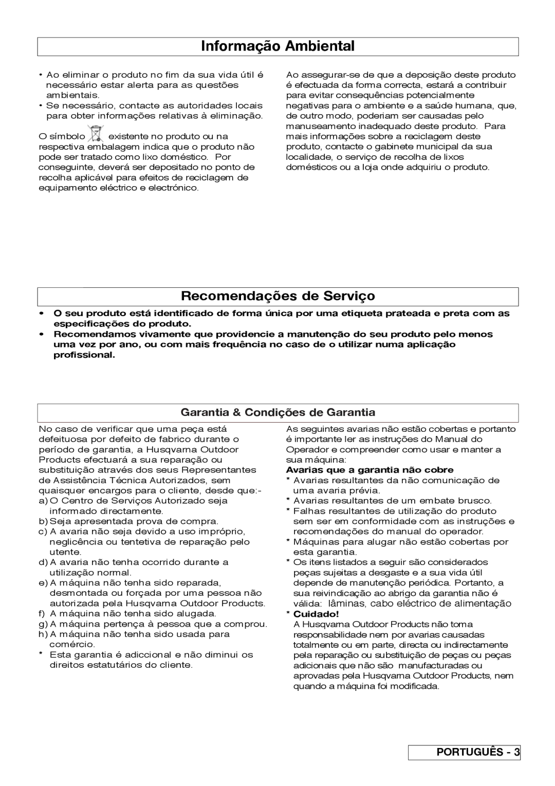 Flymo VM032 manual Informação Ambiental, Recomendações de Serviço, Avarias que a garantia não cobre 