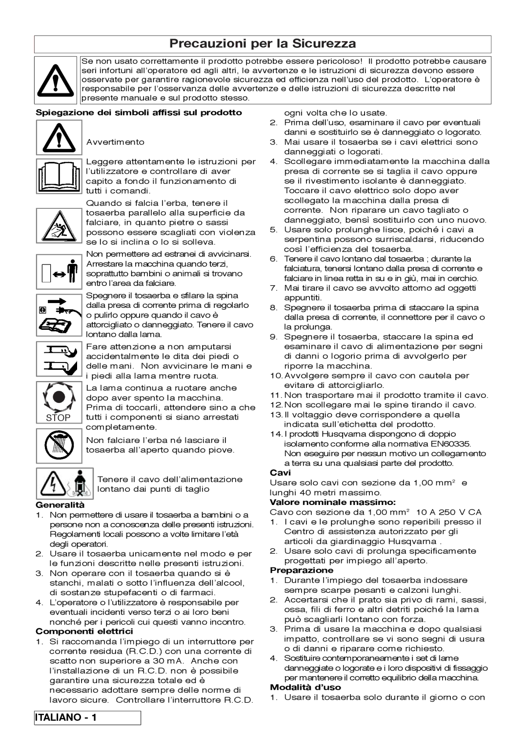 Flymo VM032 manual Precauzioni per la Sicurezza 