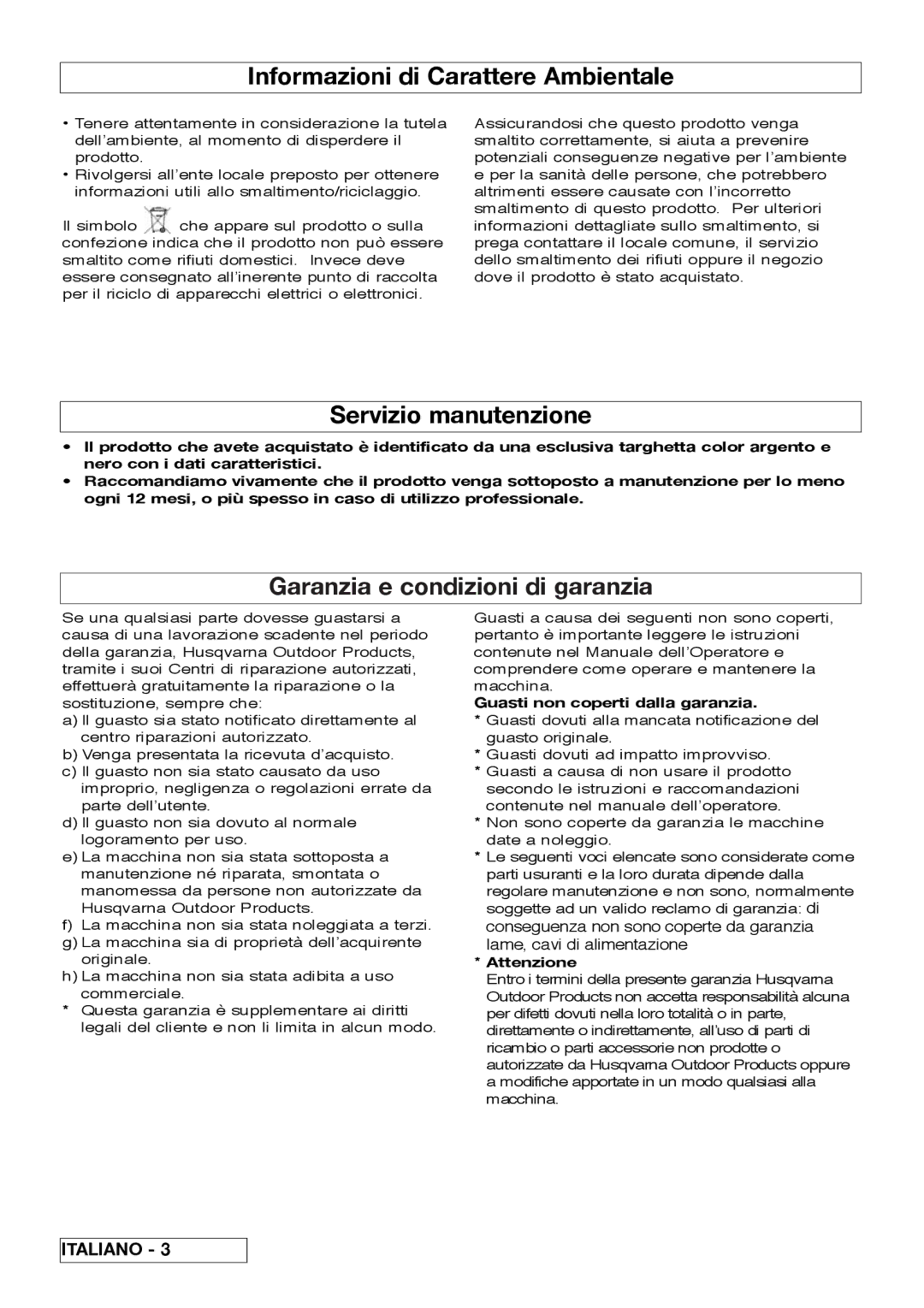 Flymo VM032 Informazioni di Carattere Ambientale, Servizio manutenzione, Garanzia e condizioni di garanzia, Attenzione 