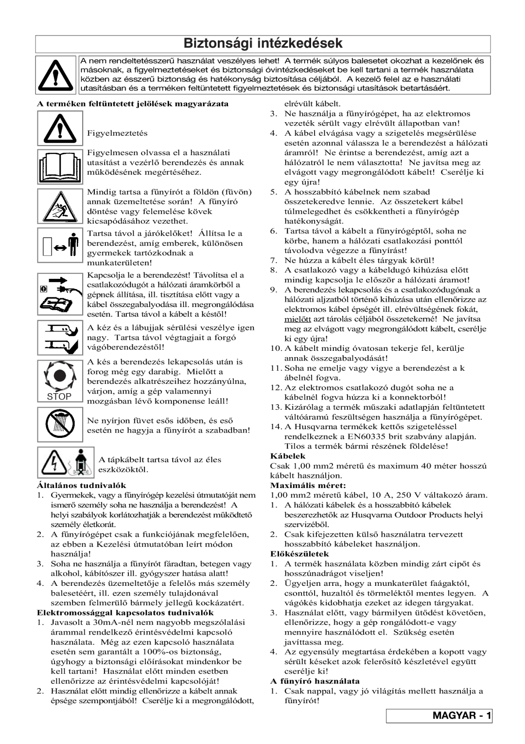 Flymo VM032 manual Biztonsági intézkedések 