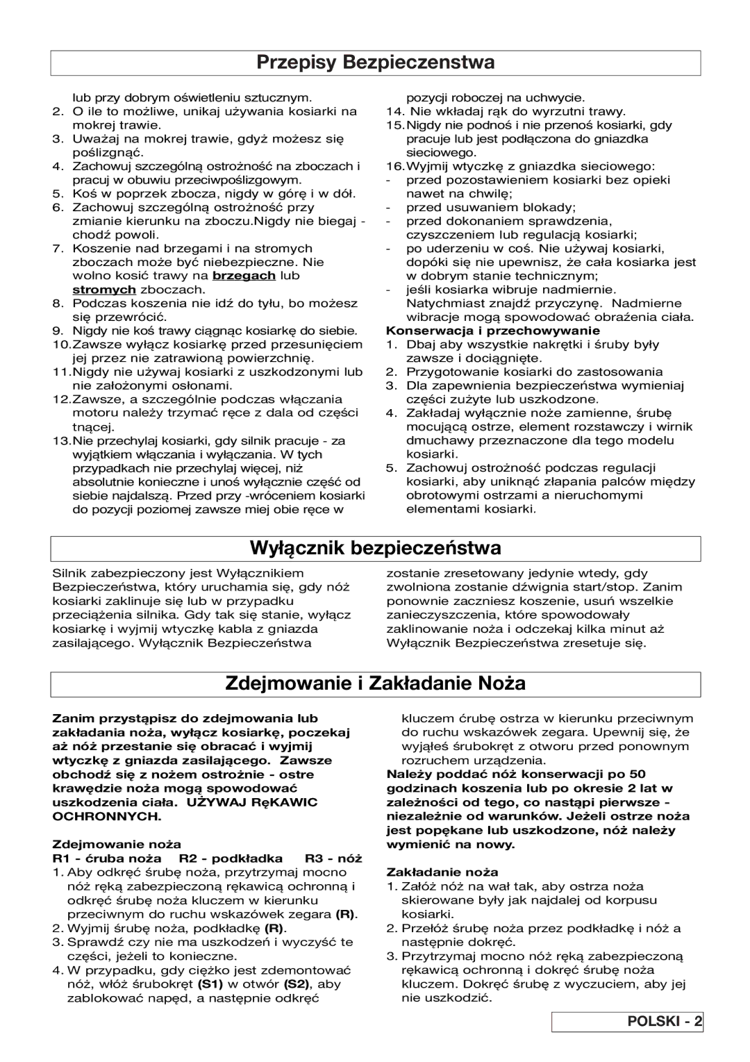 Flymo VM032 manual Wyłącznik bezpieczeństwa, Zdejmowanie i Zakładanie Noża, Konserwacja i przechowywanie, Ochronnych 