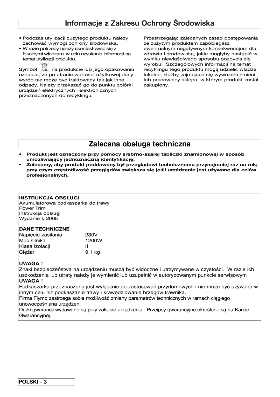 Flymo VM032 manual Informacje z Zakresu Ochrony Środowiska, Zalecana obsługa techniczna, Instrukcja Obsługi 