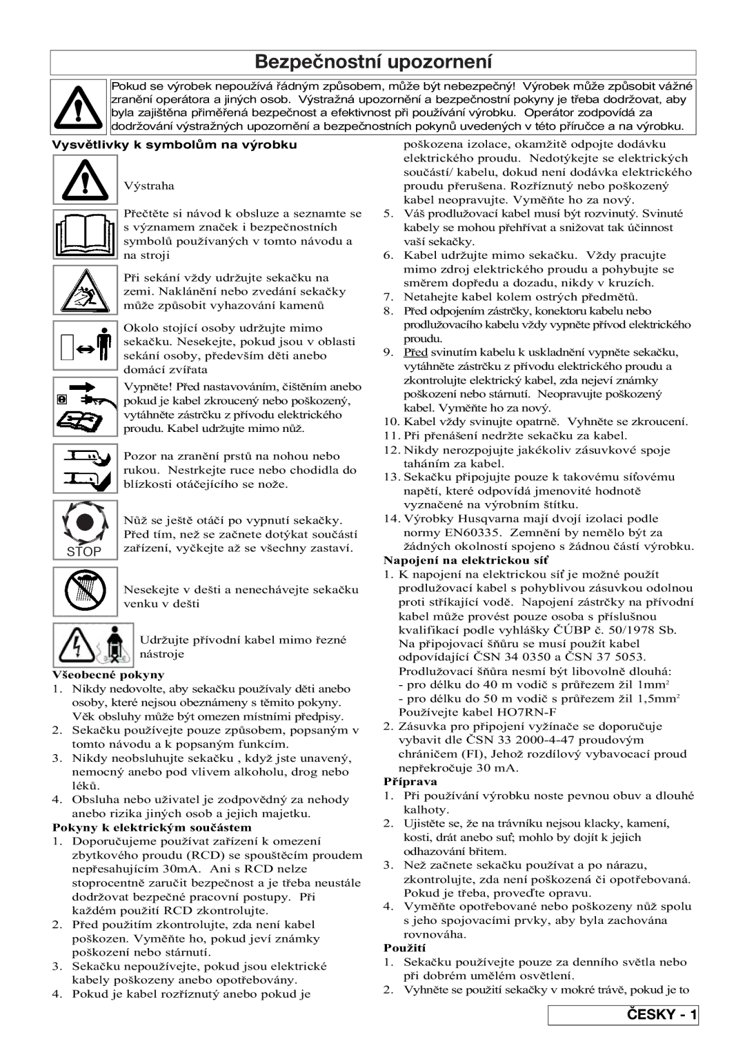 Flymo VM032 manual Bezpečnostní upozornení, Vysvětlivky k symbolům na výrobku 