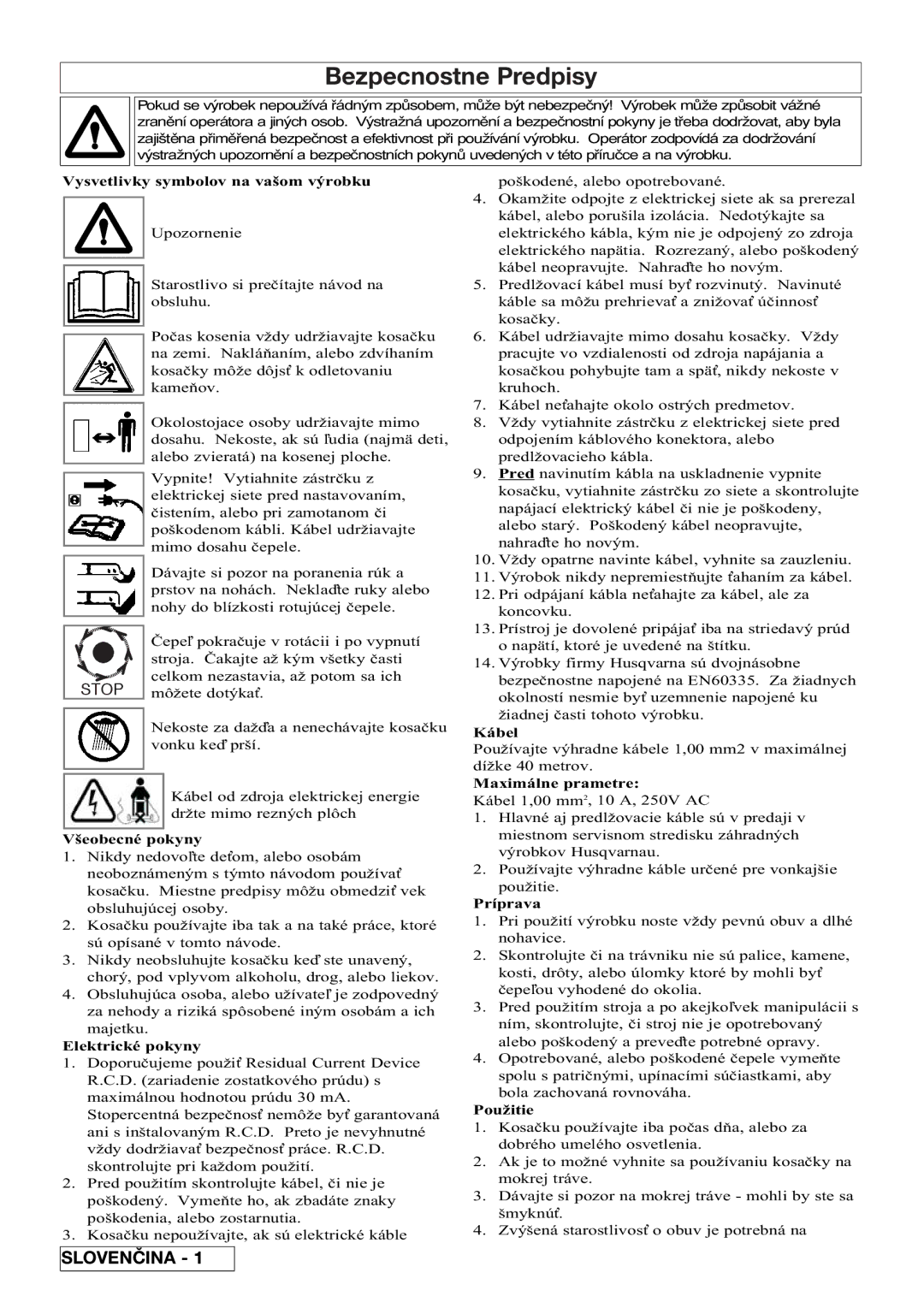 Flymo VM032 manual Bezpecnostne Predpisy 