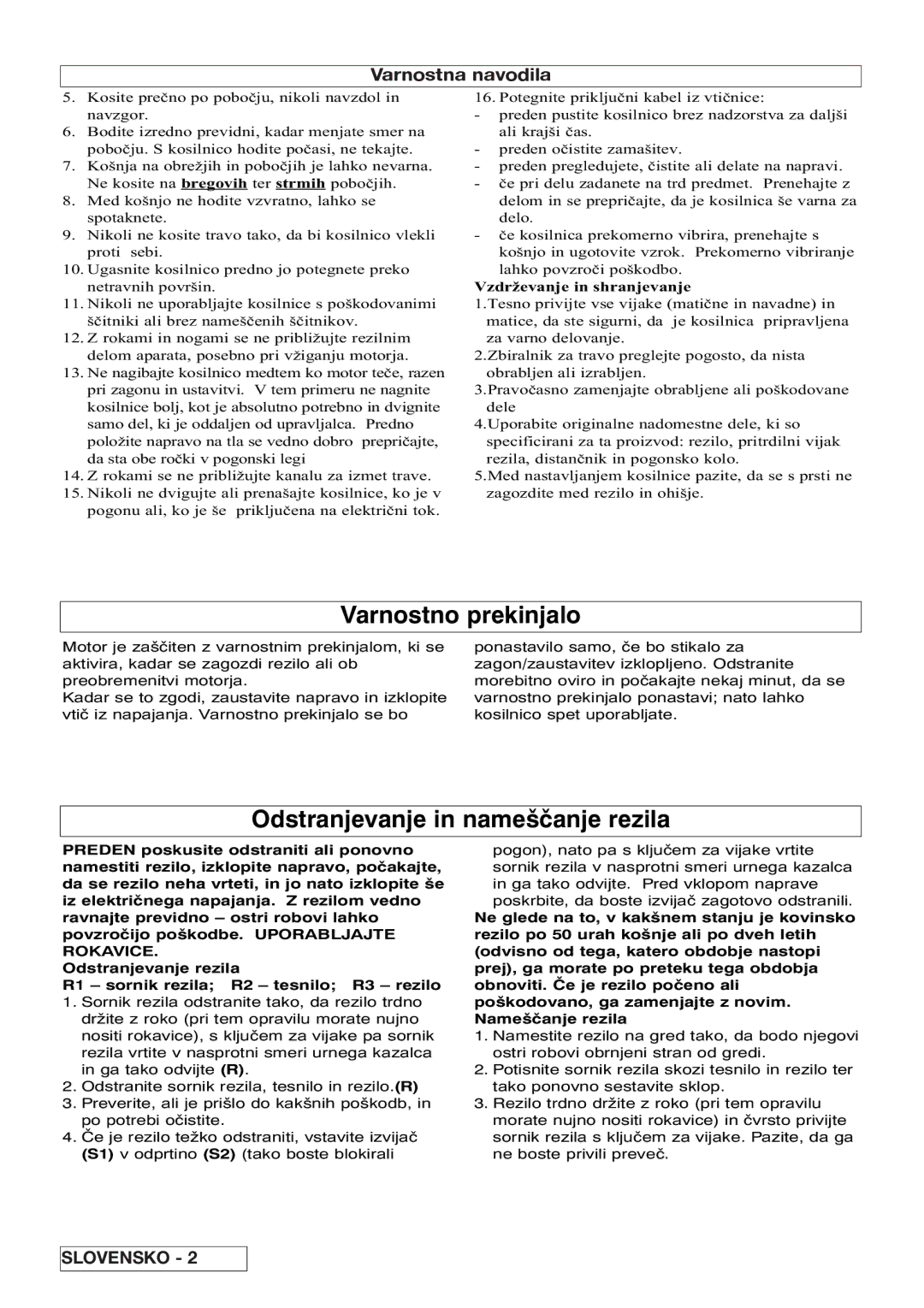 Flymo VM032 manual Varnostno prekinjalo, Odstranjevanje in nameščanje rezila, Vzdr¥evanje in shranjevanje 