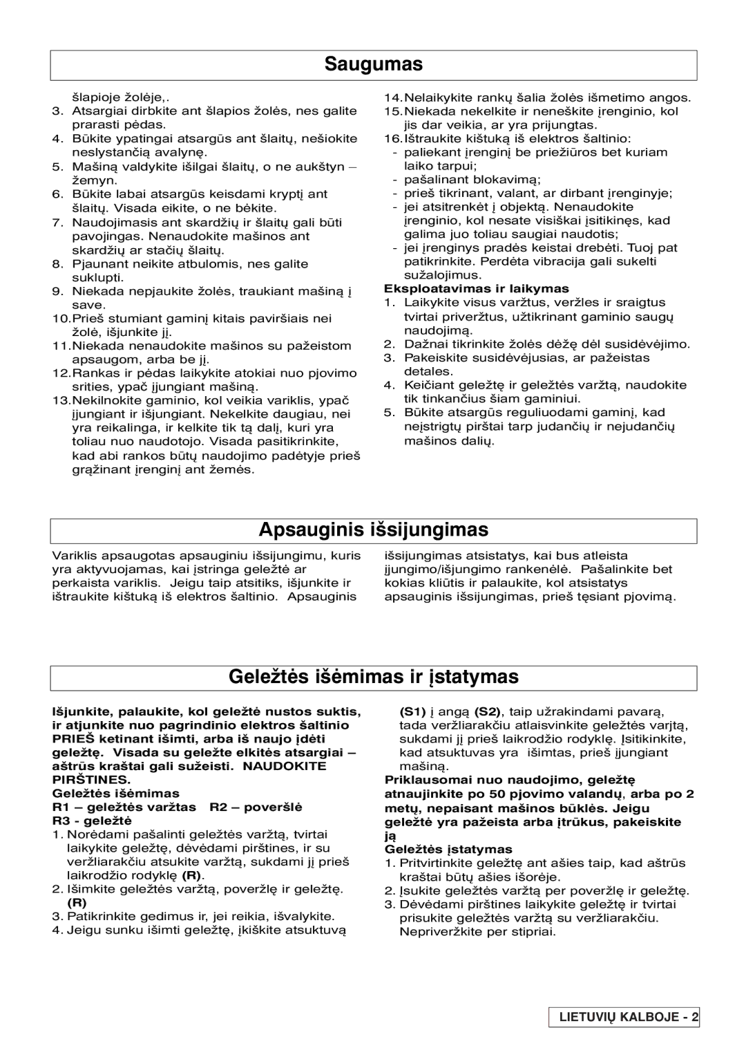 Flymo VM032 manual Apsauginis išsijungimas, Geležtės išėmimas ir įstatymas, Eksploatavimas ir laikymas 