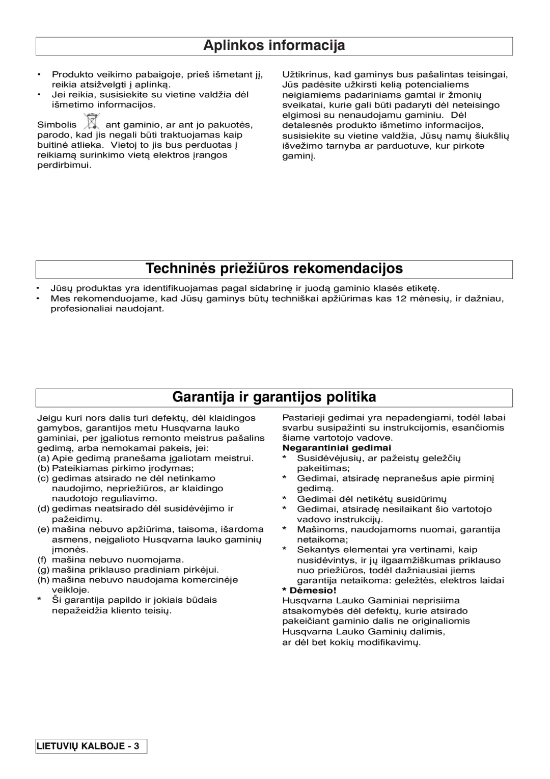 Flymo VM032 manual Aplinkos informacija, Techninės priežiūros rekomendacijos, Garantija ir garantijos politika, Dėmesio 