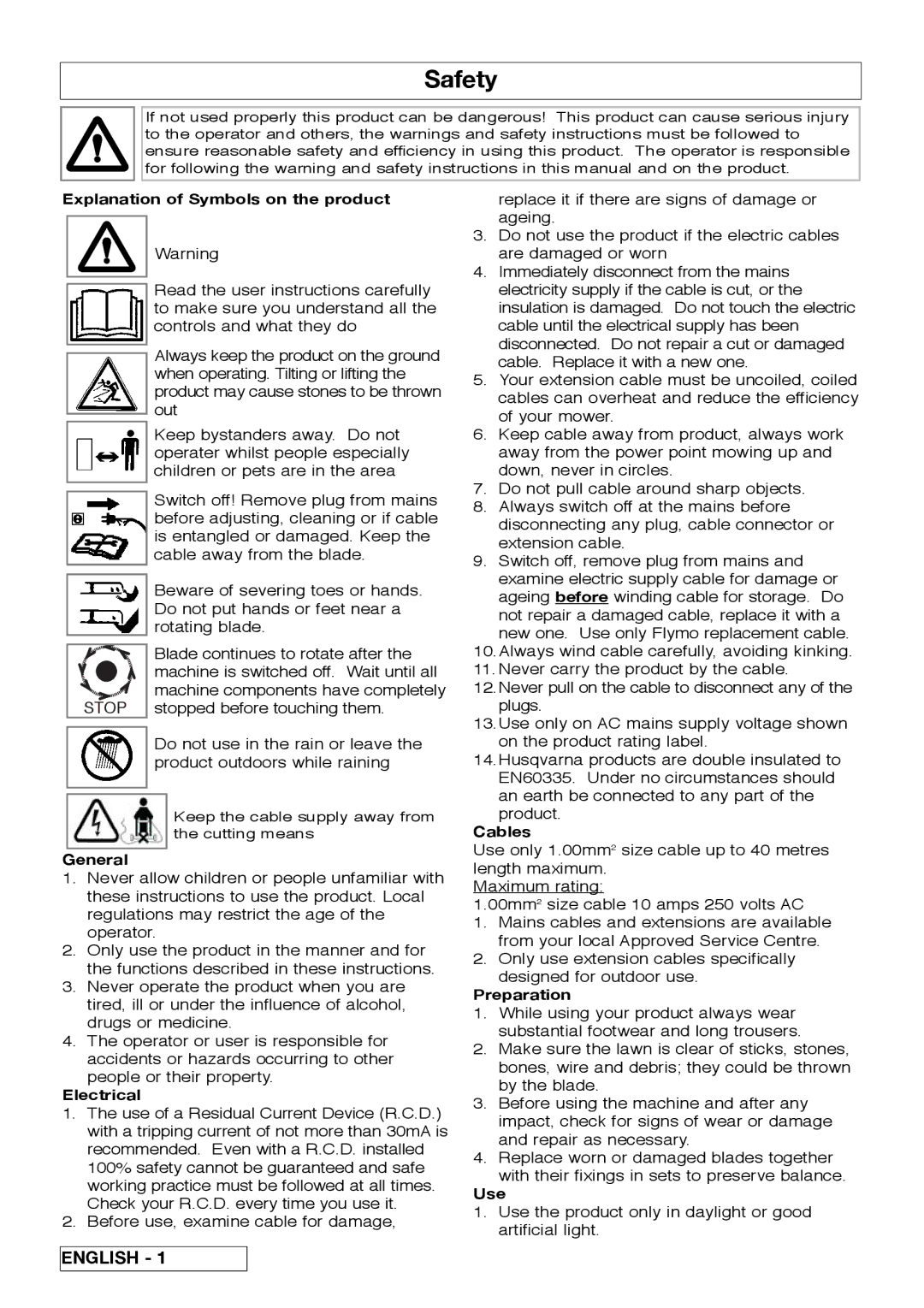 Flymo VM032 manual Safety 