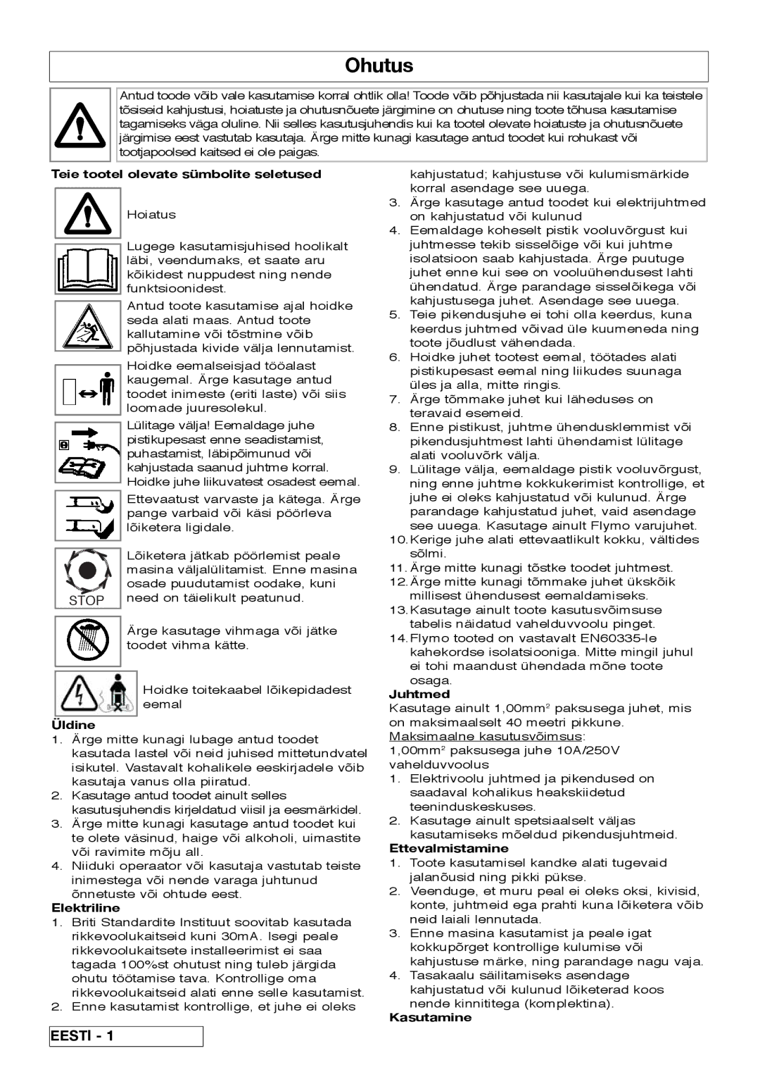 Flymo VM032 manual Ohutus 