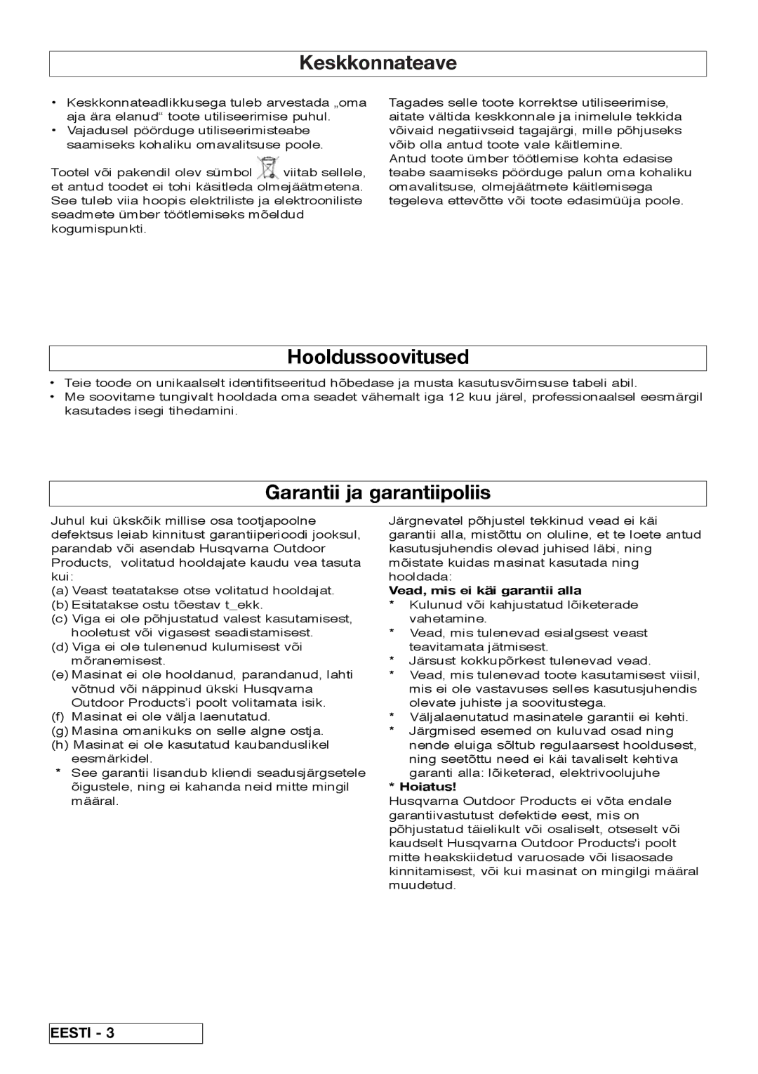 Flymo VM032 manual Keskkonnateave, Hooldussoovitused, Garantii ja garantiipoliis, Vead, mis ei käi garantii alla, Hoiatus 